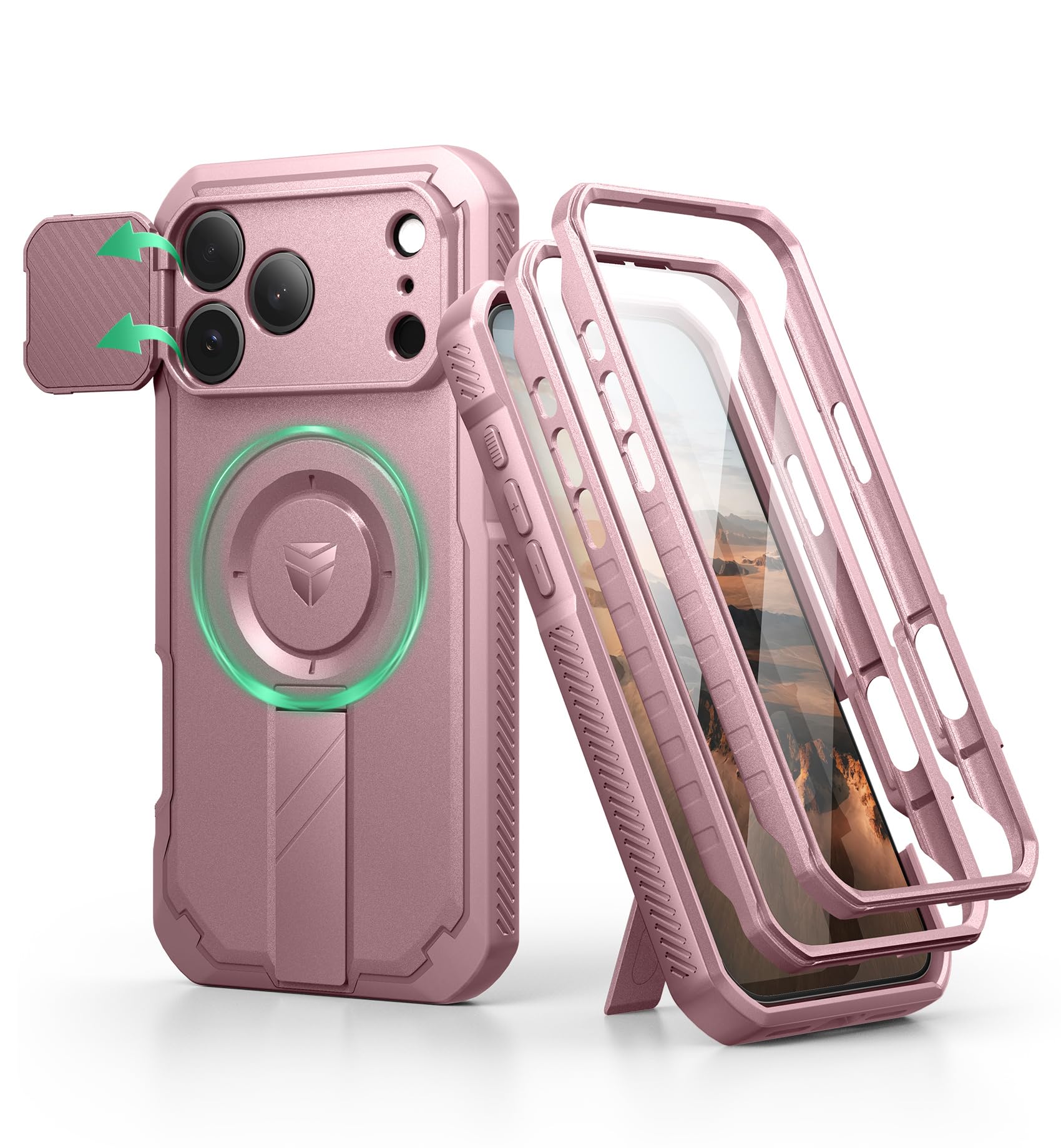 کاور Dexnor برای iPhone 17 Pro MAX، [2 قاب جلویی و درپوش دوربین قابل انعطاف و پایه قابل تاشو]، سازگار با MagSafe، کاور محافظ ضدضربه با کیفیت بالا با پوشش صفحه نمایش، اینچ 6.9 صورتی ارغوانی آیفون 17 Pro Max Peony Pink