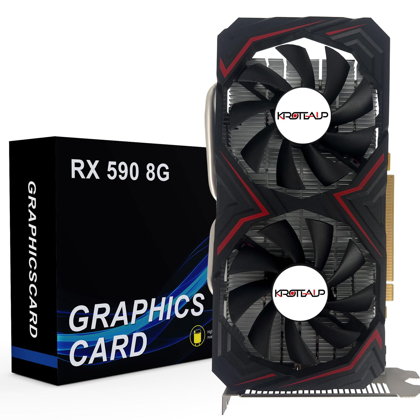 کارت گرافیک Kroteaup Radeon RX 590 8GB، با 2304 پردازنده جریان، حافظه GDDR5 256 بیتی Pci Express 3.0، دارای پورت‌های HDMI/DP/DVI و دو عدد فن، کارت‌های ویدیو برای استفاده در اداره و بازی کامپیوتر