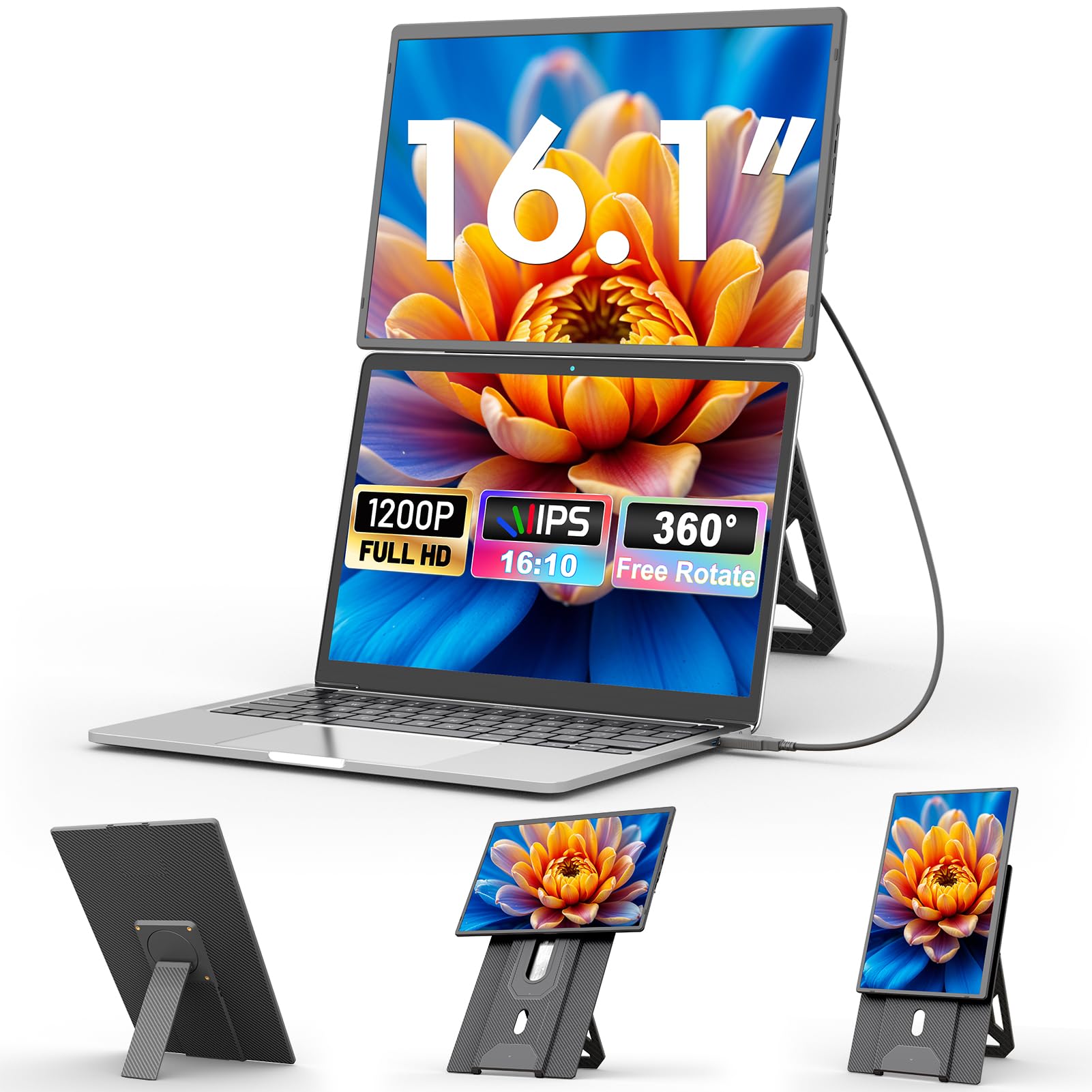 تیم‌جی لپتاپ افزایش دهنده صفحه نمایش - مانیتور قابل حمل 16 اینچی FHD 1200P IPS برای لپتاپ‌ها، قابل جدا شدن، صفحه نمایش دوگانه قابل حمل برای لپتاپ با پورت USB-C/MINI HDMI که قابلیت پخش و پلی‌ندست Windows/Mac/Android 16 اینچ را دارد.