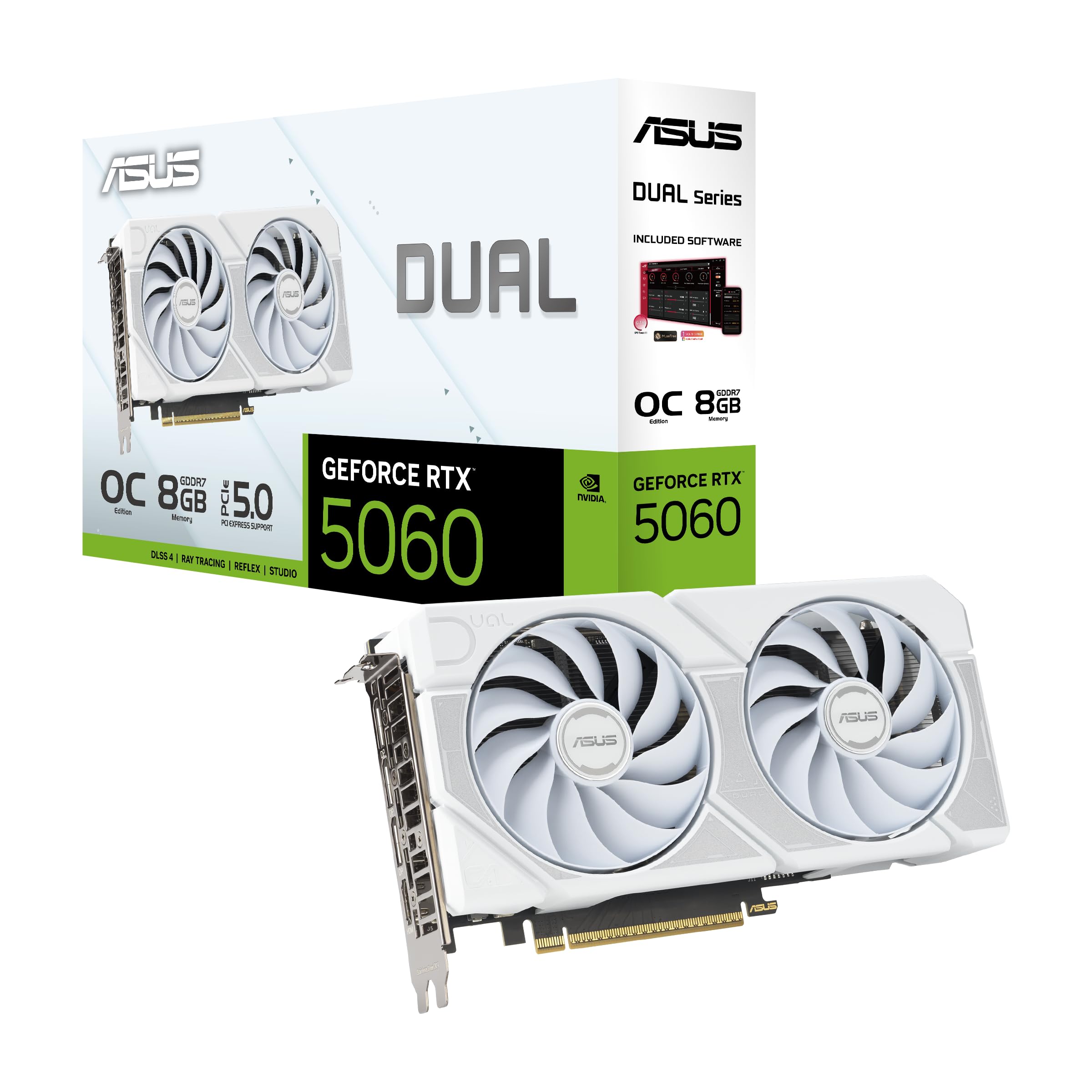 کارت گرافیک بازی سفید ASUS DUAL NVIDIA GeForce RTX 5060 OC Edition 8GB GDDR7 با PCIE 5.0 و دو فن دوگانه، کد محصول: DUAL-RTX5060-O8G-WHITE، 90YV0N15-M0NA00
