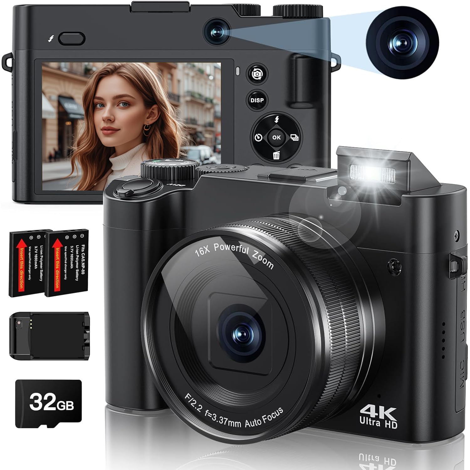 دوربین دیجیتال 4K، دوربین 64 مگاپیکسل برای عکاسی و ویدیو با فوکوس خودکار ضد لرزش، دوربین سلفی 3 اینچی برای ولاگینگ با فلش، کارت 32 گیگابایتی، دوربین های جلو و عقب با زوم 16 برابری