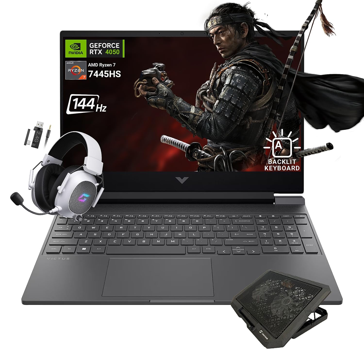 لپ تاپ بازی HP Victus 15.6 اینچ FHD 144Hz، AMD Ryzen 7 7445HS، NVIDIA GeForce RTX 4050، 64GB RAM DDR5، 1TB SSD PCIe 4.0، صفحه کلید با نور پس زمینه، Copilot، نقره ای، بسته دارای لوازم جانبی Mytrix 64GB RAM | 1TB SSD ویندوز 11 Pro