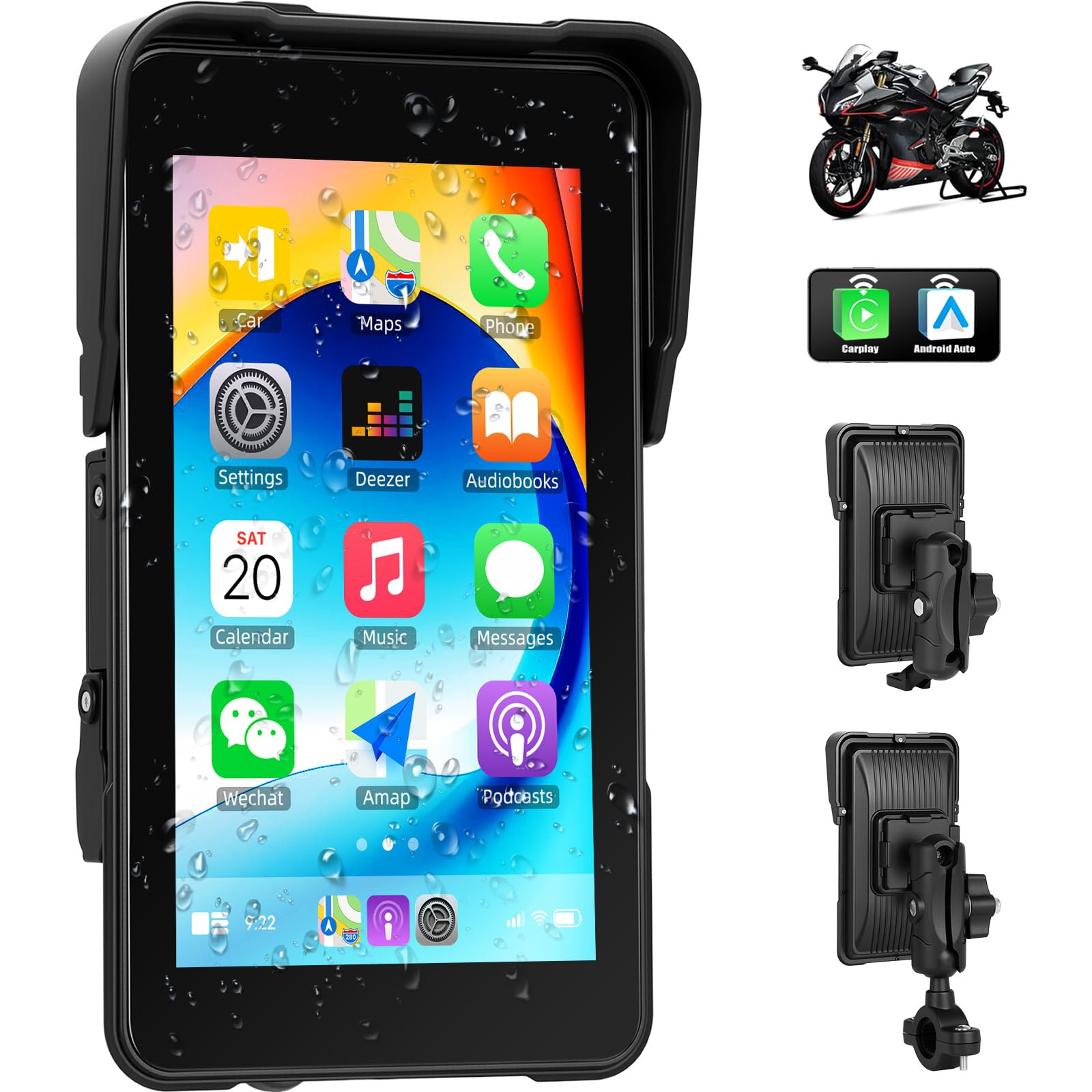 صفحه CarPlay برای موتورسیکلت ، Carplay/Android Auto قابل حمل برای موتورسیکلت ، نمایشگر رادیوی عمودی قابل حمل با 5 اینچ IPS ضدآب برای موتورسیکلت با بلوتوث ، نظارت بر فشار تایر ، پورت TF