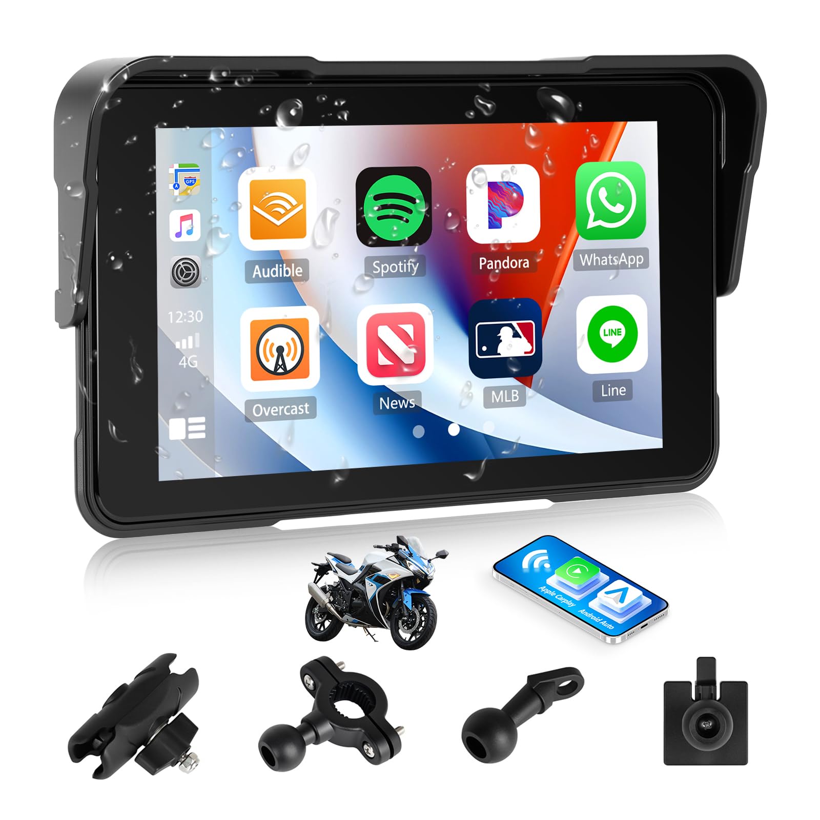 نمایشگر CarPlay برای موتورسیکلت، CarPlay/Android Auto قابل حمل برای موتورسیکلت، نمایشگر رادیویی قابل حمل 5 اینچی IPS ضد آب با GPS برای موتورسیکلت همراه با بلوتوث، مانیتورینگ فشار لاستیک، پورت TF