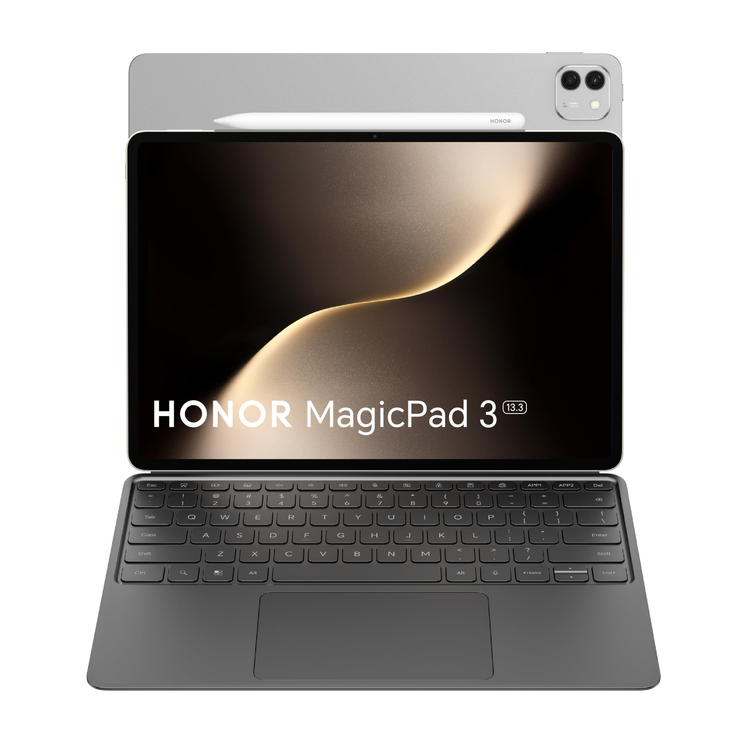 تبلت HONOR Magic Pad 3 با صفحه‌نمایش 13.3 اینچی با قلم جادویی و صفحه کلید هوشمند، حافظه 16GB RAM و فضای ذخیره‌سازی 512GB، صفحه‌نمایش 3.2K با سرعت تا 165Hz برای راحتی چشم، پردازنده Snapdragon 8 نسل 3، باتری 12450mAh، 8 بلندگو، بهره‌وری سطح PC، رنگ خاکستری