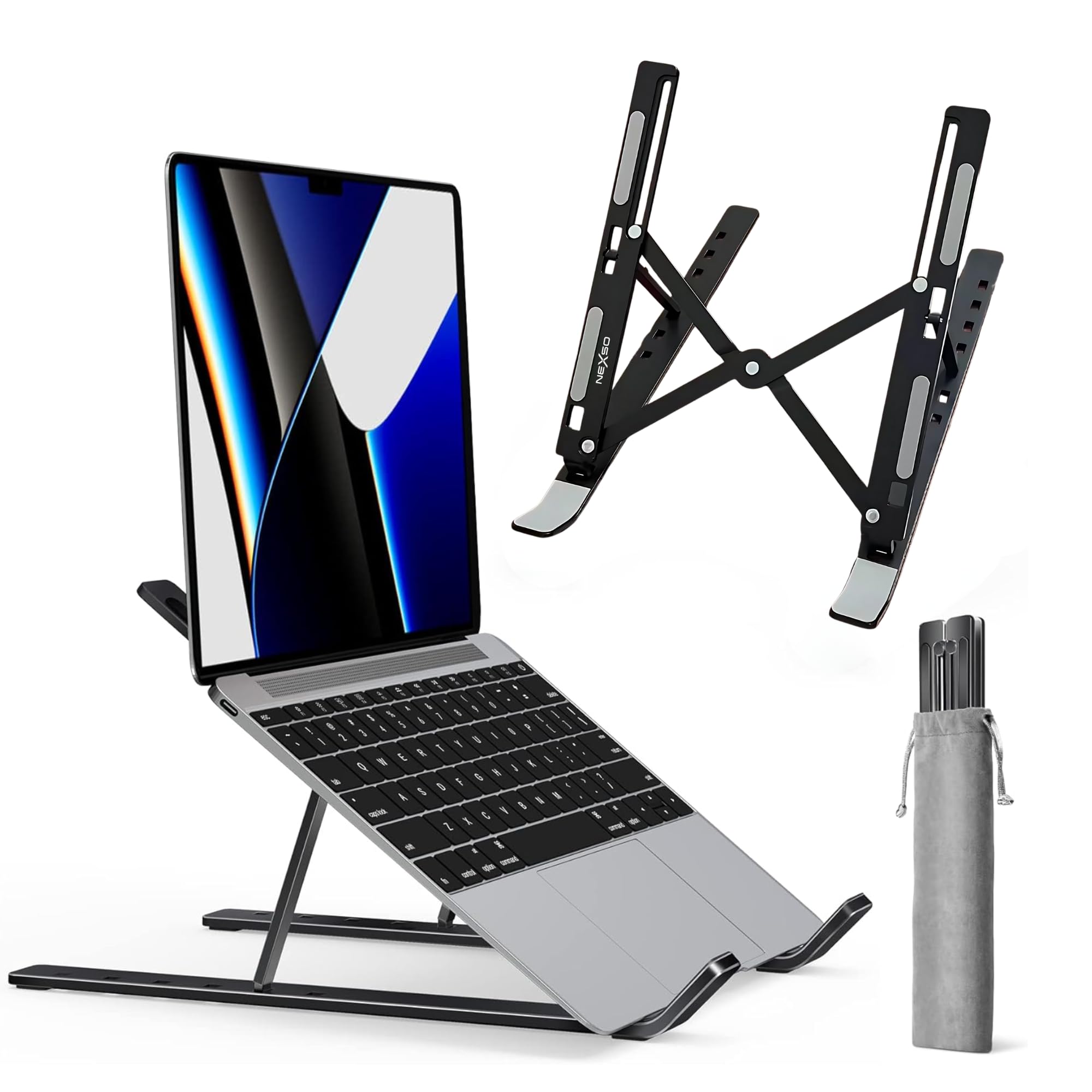 وارد کردن Nexso Adjustable Black Aluminium Laptop Stand برای میز | قابلیت تاشو برای لپتاپ ها، تبلت ها، طراحی ارگونومیک با 7 زاویه، طراحی قابل حمل ضد لغزش با سرد کننده، کیف حمل، کیف سفر و سازگاری گسترده