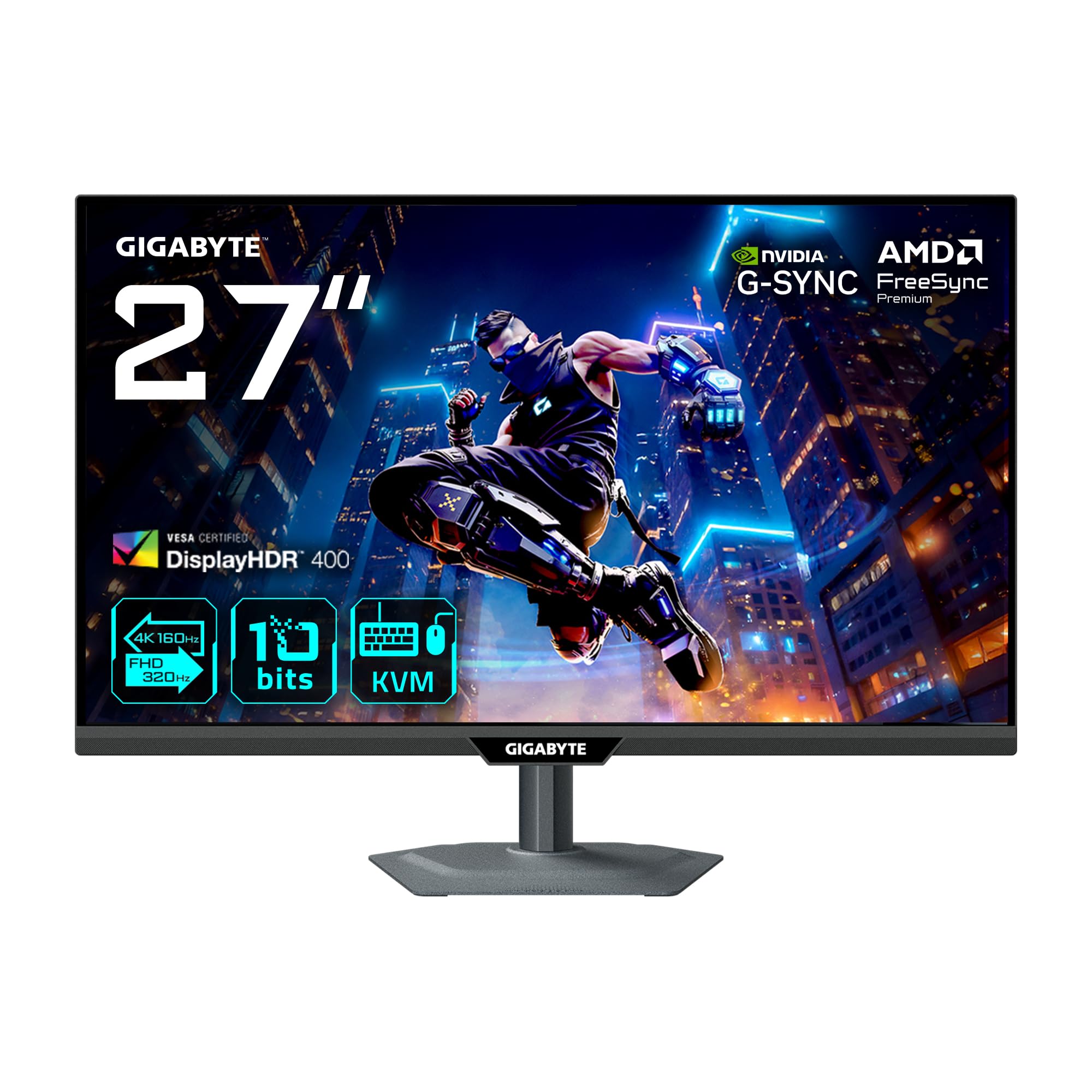 مانیتور بازی GIGABYTE M27UP 27 اینچ 4K UHD - حالت دوگانه (4K 160Hz یا FHD 320Hz)، 3840 x 2160، 1ms، 350 سی دی در متر مربع، فری‌سینک پریمیم پرو، DisplayHDR400، HDMI 2.1، DisplayPort 1.4