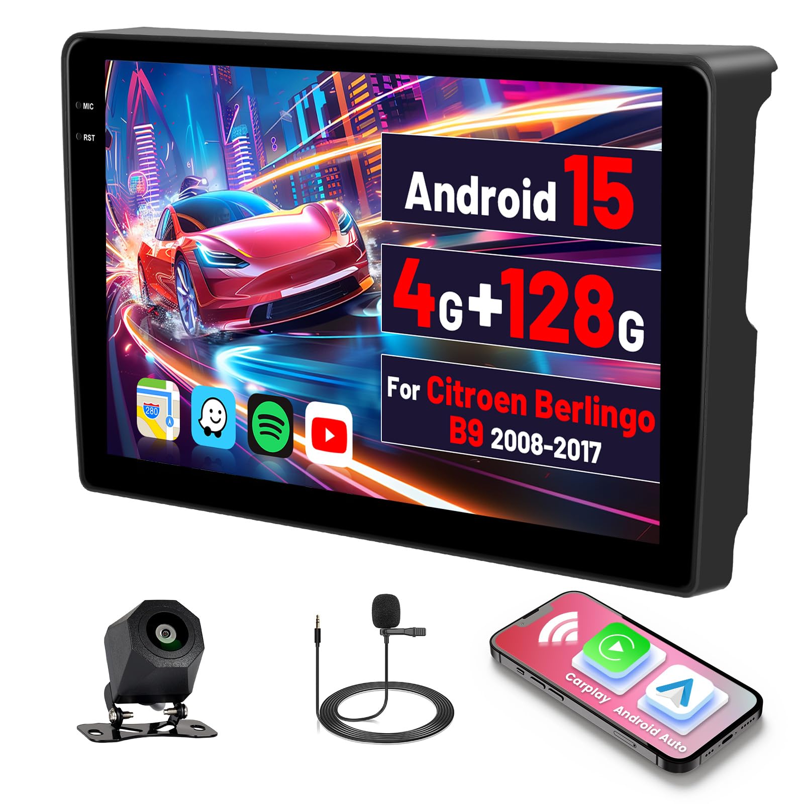 رادیو خودرو Inefala اندروید 15 برای Citroen Berlingo B9 2008-2017 با Carplay بی‌سیم اندروید، صفحه نمایش لمسی 9 اینچی، رادیو بلوتوث با GPS، WiFi، RDS/FM، SWC و میکروفون، [4G + 128G]، دوربین عقب