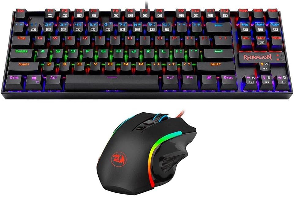 کیبرد و ماوس بازی Redragon K552-RGB-BA با نور پس‌زمینه RGB LED به همراه ۸۷ کلید کوچک مکانیکی فلزی و پورت USB کیبرد بازی باسیم قابل برنامه‌ریزی و ماوس بازی بدون سیم
