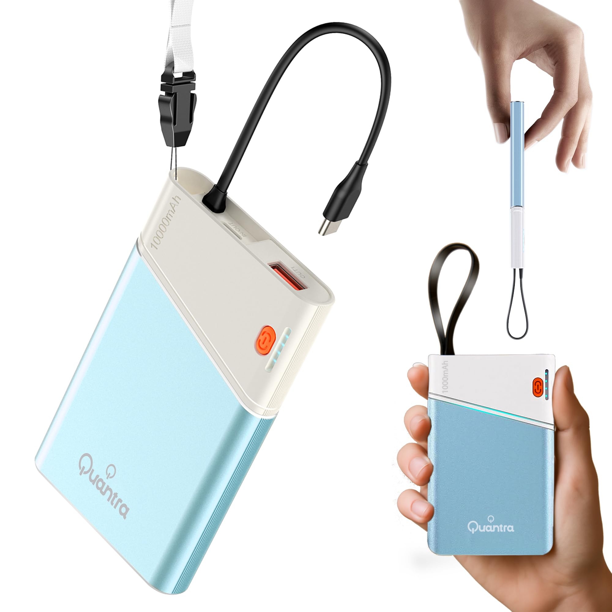 شارژ سریع Aishini®، پاور بانک قابل حمل، 10000mAh 22.5W PD شارژ سریع قدرتمند با USB C داخلی و بیرونی، باتری اضافی بلندکارت تلفن همراه برای آیفون/آیپد سامسونگ S24 (آبی)