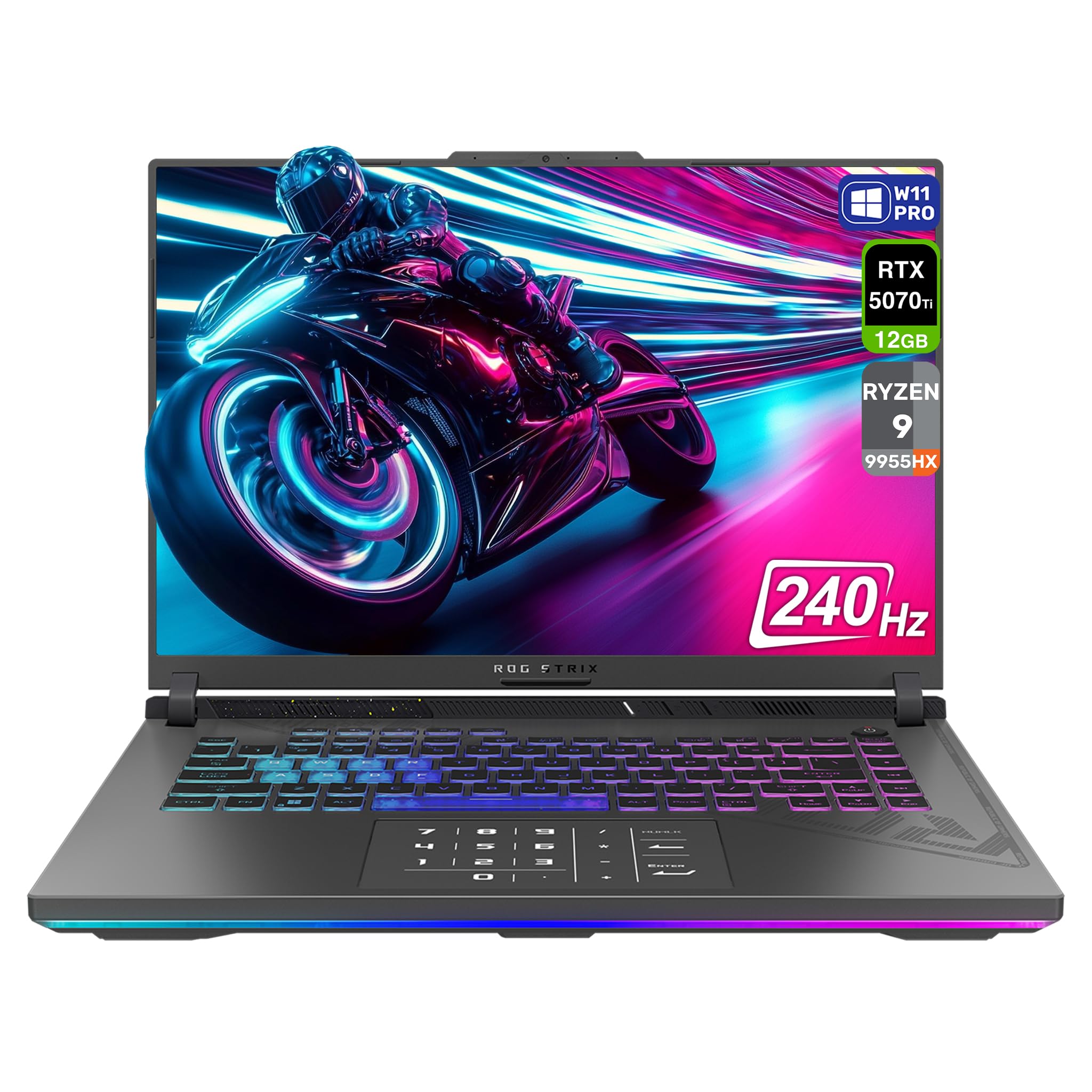لپ تاپ بازی ASUS ROG Strix G16، AMD Ryzen 9-9955HX، حافظه RAM DDR5 64 گیگابایت، دیسک SSD PCIe 4 ترابایت، نمایشگر 2.5K 16 اینچ (2560x1600)، کارت گرافیک Nvidia GeForce RTX 5070Ti، کیبورد Chiclet RGB با پشت‌نور، ویندوز 11 Pro، رنگ خاکستری اکلیپس 64 گیگابایت رم | 4 ترابایت SSD ویندوز 11 Pro