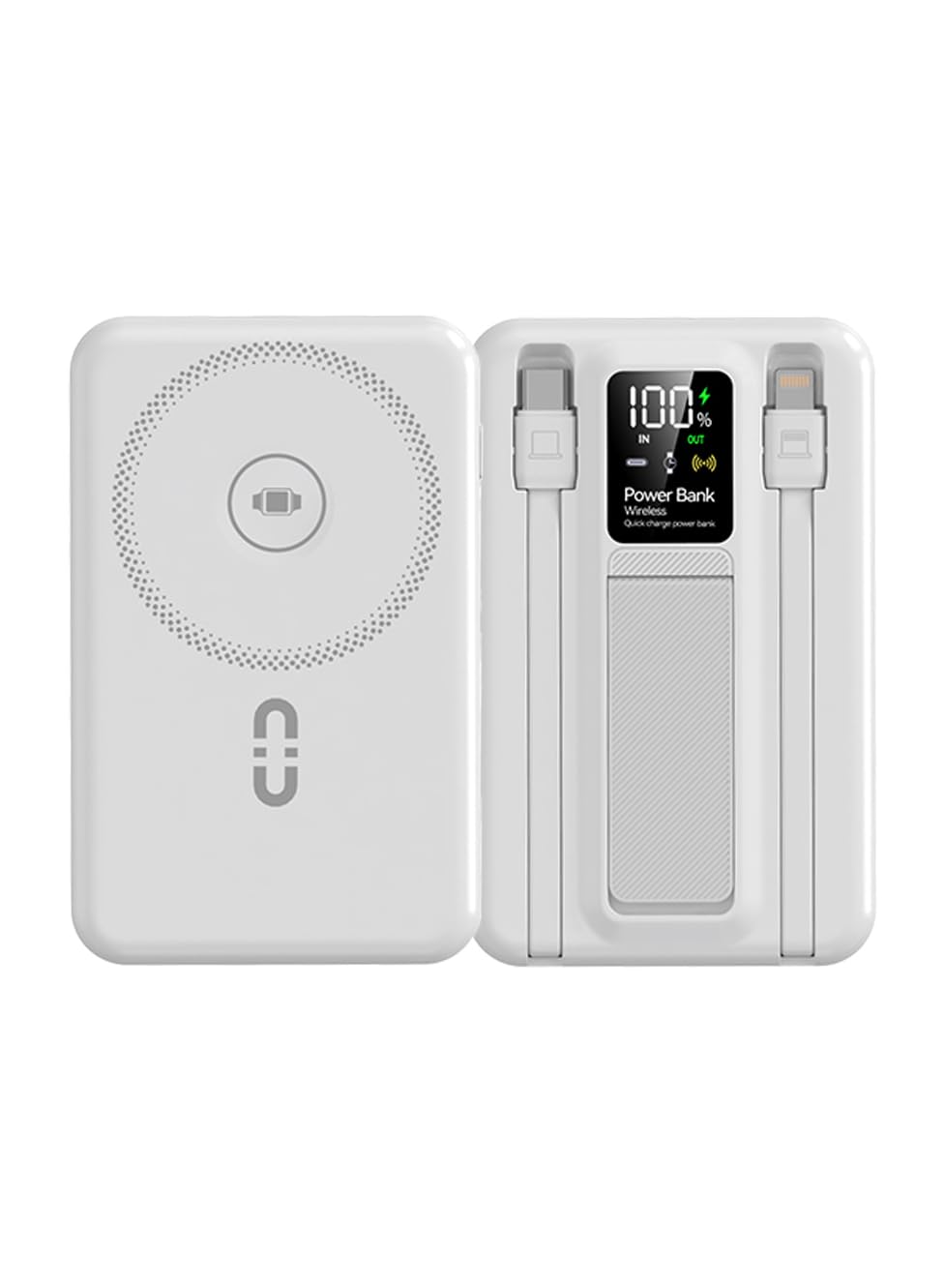 پاور بانک Glassology 10000mAh Magsafe با استند و کابل سفید PD 22.5W + شارژر بی‌سیم 15W ورودی/خروجی تایپ-سی چند دستگاهه نورپردازی دوتای آمپر و نمایشگر دیجیتال