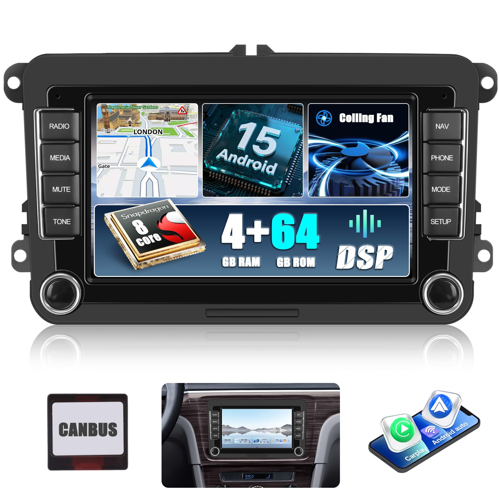 رادیو خودرو SIXWIN Qualcomm 8 Core 4+64G اندروید 15 با CarPlay/اندروید Auto/DSP برای ولکس واگن گلف 5 گلف 6 اسکودا پولو پاسات تیگوان توران، صفحه نمایش لمسی 7 اینچی HD با WiFi6 GPS بلوتوث 5.1 FM/RDS EQ