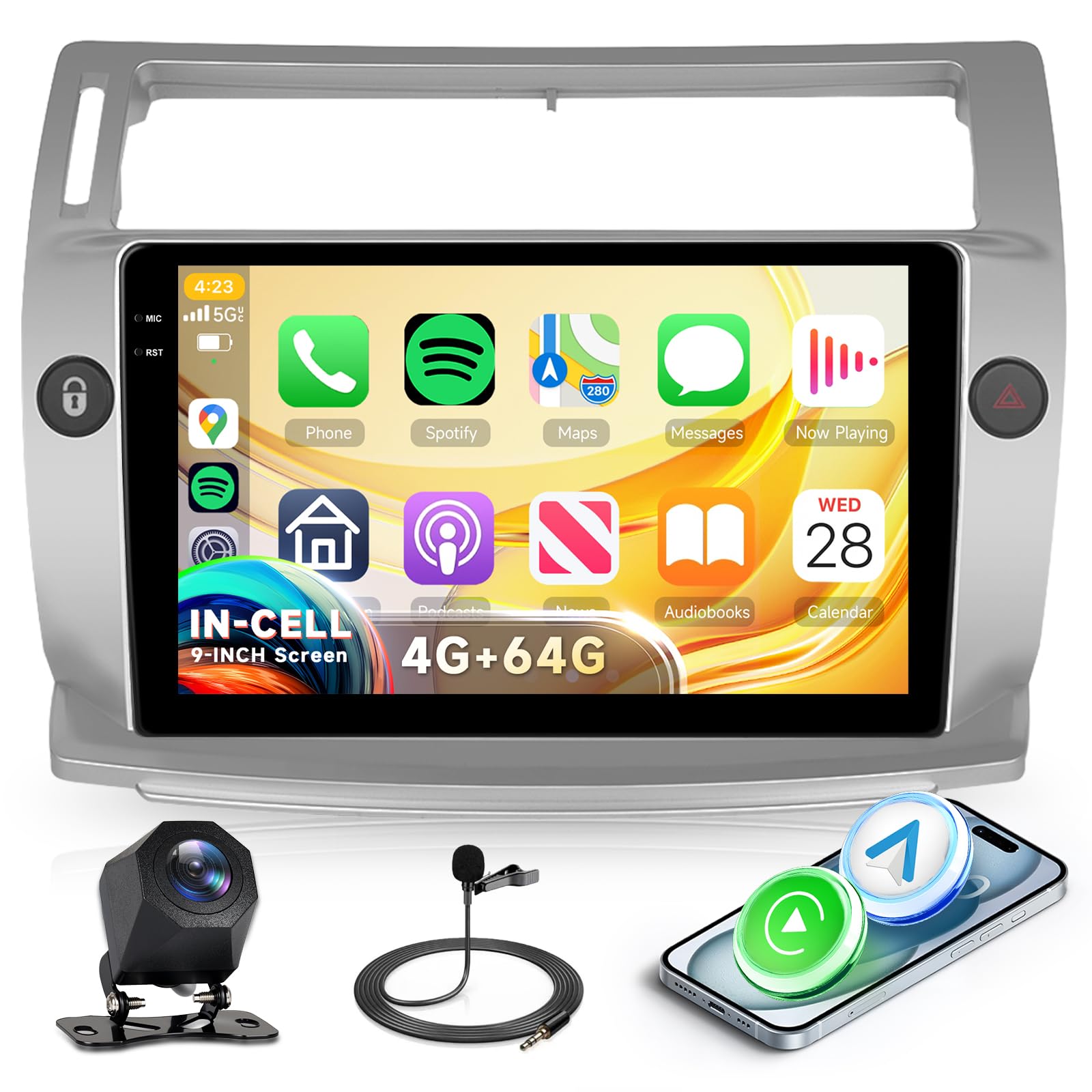 رادیو خودروی اندروید 4G + 64G برای سیتروئن C4 2004-2009 2008-2011 با صفحه 9 اینچی بی‌سیم Carplay، ناوبری اندروید خودرو با GPS، WiFi، Mirror Link، Bluetooth، FM/RDS/EQ، کنترل فرمان ویل بازیابی تصویر عقب