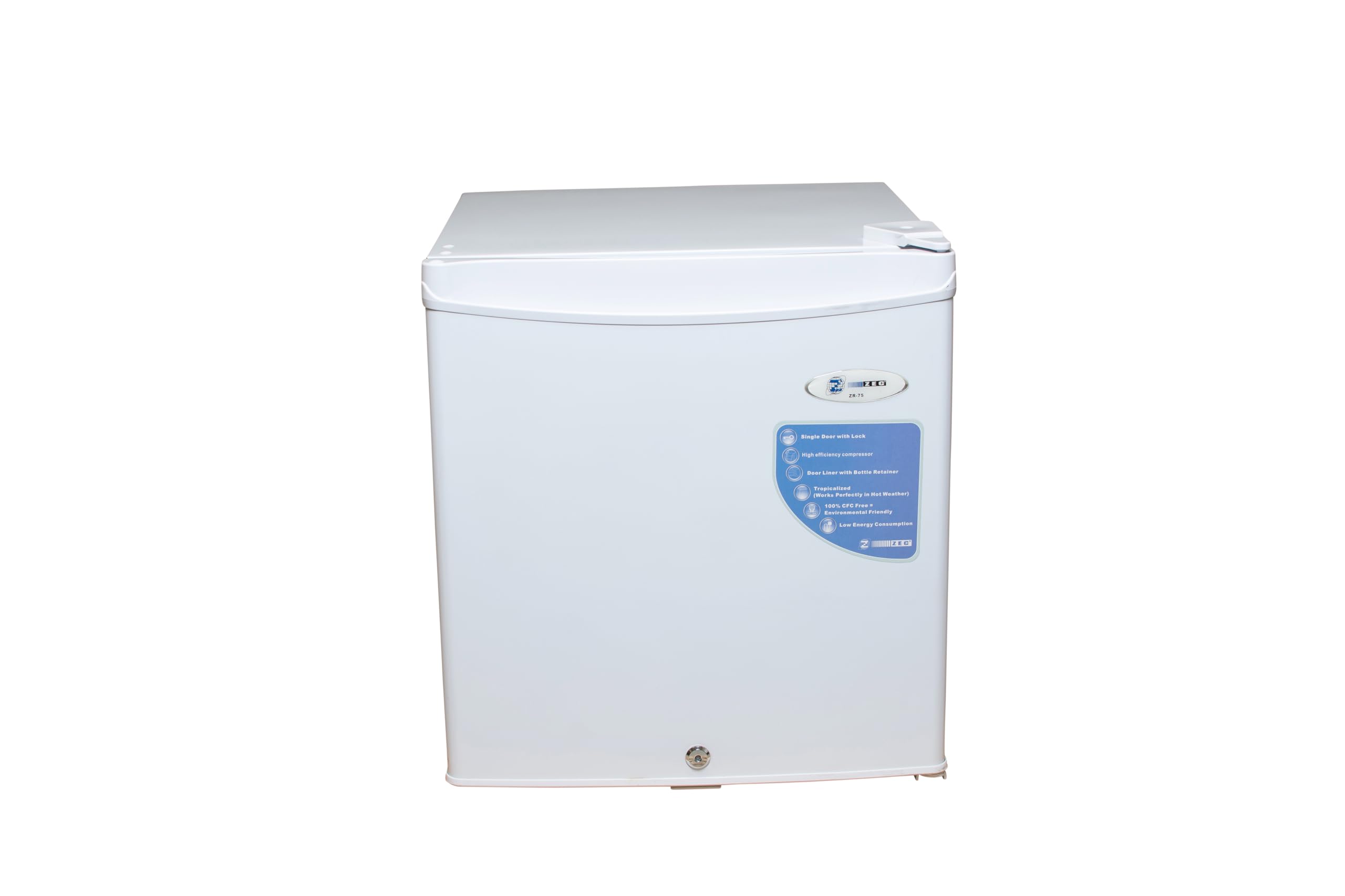 یخچال ZEC مدل ZR 75، 45 لیتر، یخچال کوچک و جمع و جور، رنگ سفید، درب تک، دارای قفل، دارای لاینر درب با نگهدارنده بطری، مناسب برای مناطق مرطوب (به خوبی در هوای گرم عمل می‌کند)، مصرف انرژی پایین، 100٪ بدون سربازه کلروفلوروکربن (CFC)