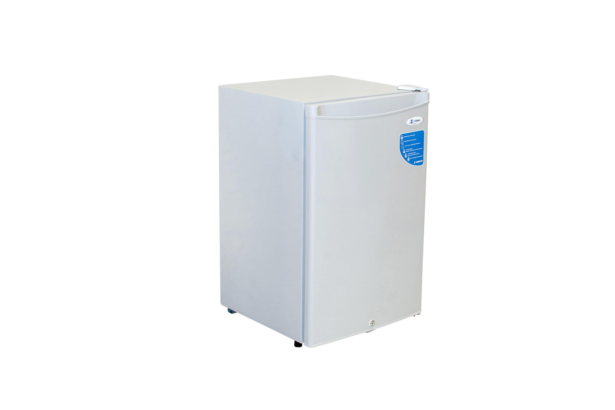 یخچال ZEC مدل ZR 125، 125 لیتر، یخچال کوچک و جمع و جور، رنگ سفید، درب تک، قفل دار، داخل درب با نگهدارنده بطری، مناسب برای مناطق گرم (به خوبی در هوای گرم کار می‌کند)، مصرف انرژی کم، 100٪ بدون CFC