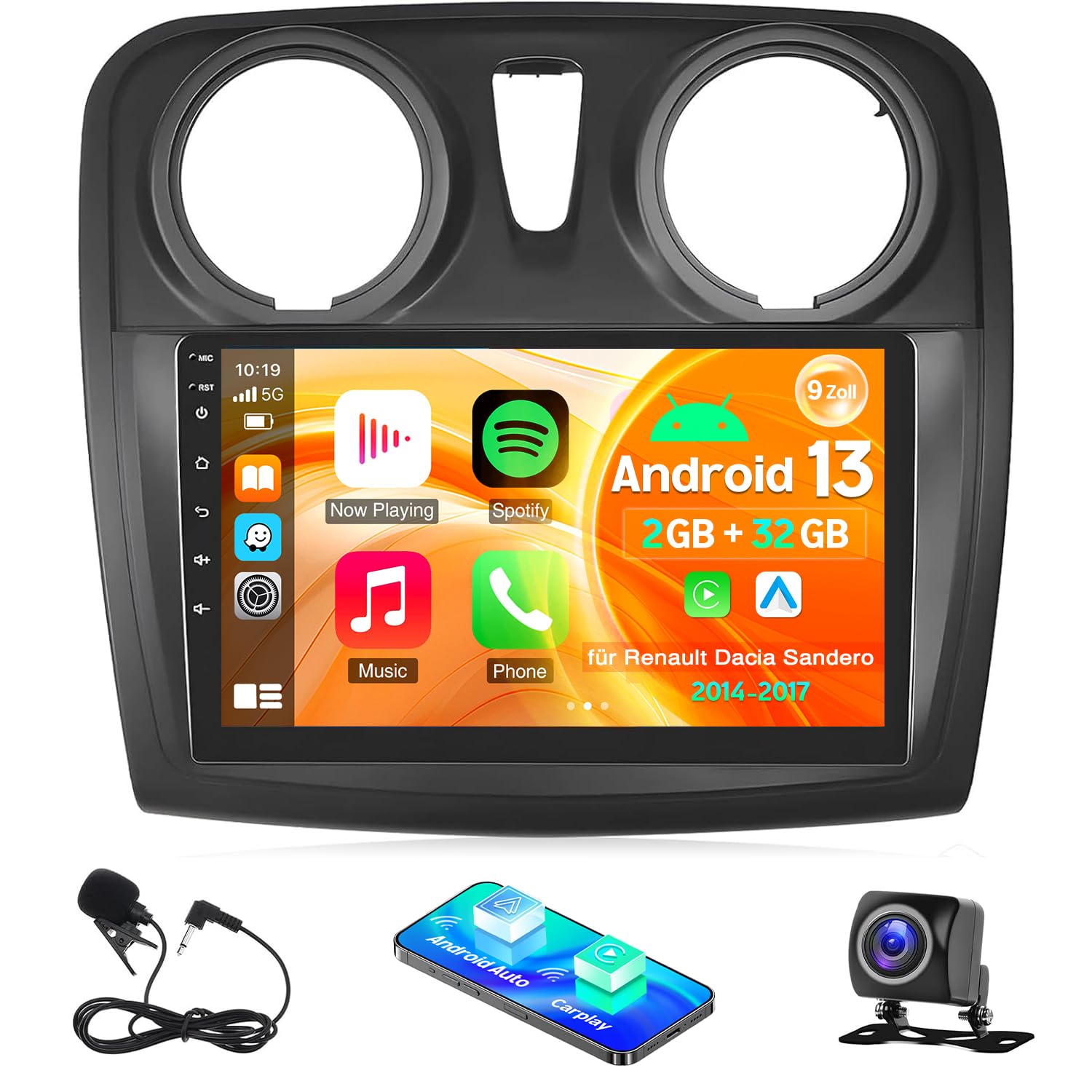 رادیو خودرو 2 DIN برای رنو داسیا ساندرو 2014-2017 با قابلیت Carplay اندروید، 9 اینچ 2+32 گیگابایت با Mirror Link بلوتوث FM/RDS وای-فای جی-پی-اس DAB+ کنترل صدا در فرمان دوربین عقب میکروفن
