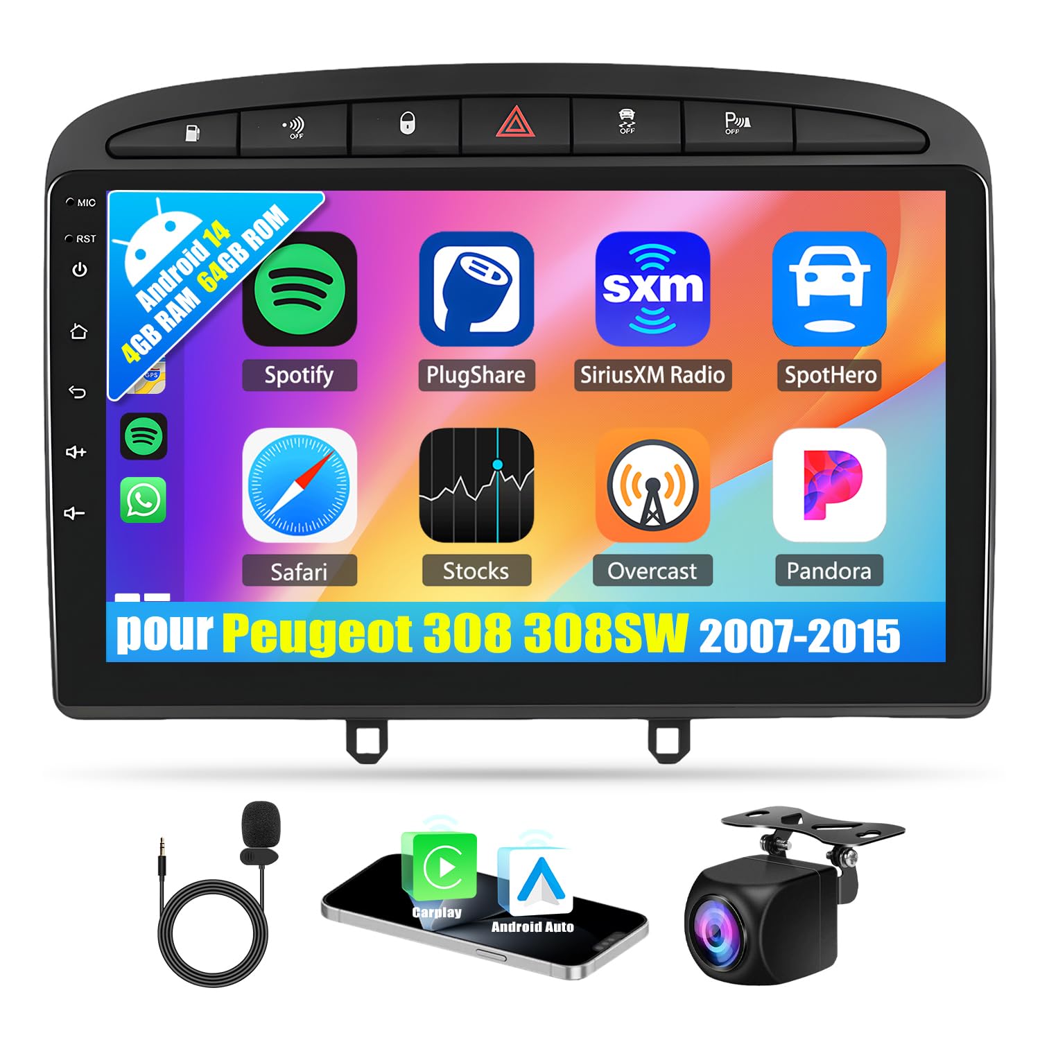 رادیو اتومبیل 4+64G اندروید 14 برای پژو 308 308SW 2007-2015، اتصال اتومبیل اندروید Carplay ، 2 DIN و 9 اینچ با قابلیت Mirror Link ، بلوتوث، وای فای ،GPS، FM/RDS، Split Screen، DAB+،SWC، دوربین عقب و میکروفون