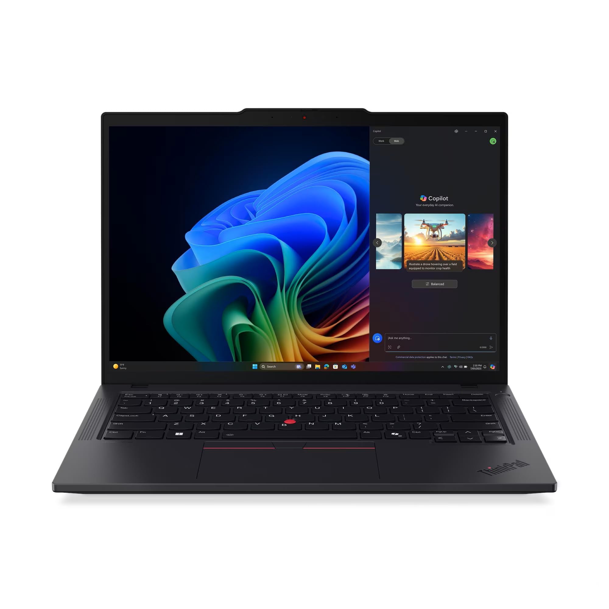 لپتاپ لنوو ThinkPad T14 Gen 6 با پردازنده AMD Ryzen AI 7 PRO 350، صفحه نمایش 14 اینچی WUXGA با تاچ‌اسکرین و روشنایی 400 نیت، قدرت گرفته از هوش مصنوعی، حافظه 32 گیگابایت DDR5-5600MT/s، یک ترابایت حافظه جامد SSD، دوربین 5 مگاپیکسل RGB+IR، خواننده اثر انگشت، و ویندوز 11 Pro