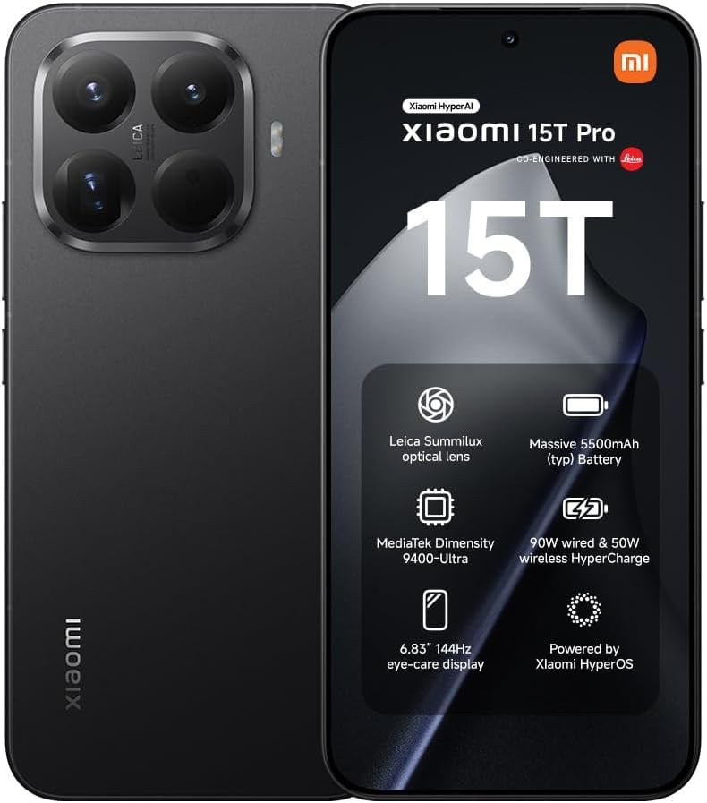 شیائومی 15T پرو مشکی 12+512GB، نمایشگر 6.83 اینچی 144Hz با مراقبت از چشم، MediaTek Dimensity 9400+، دوربین تله‌فوتو لایکا 5x پرو 50 مگاپیکسل، باتری 5500mAh