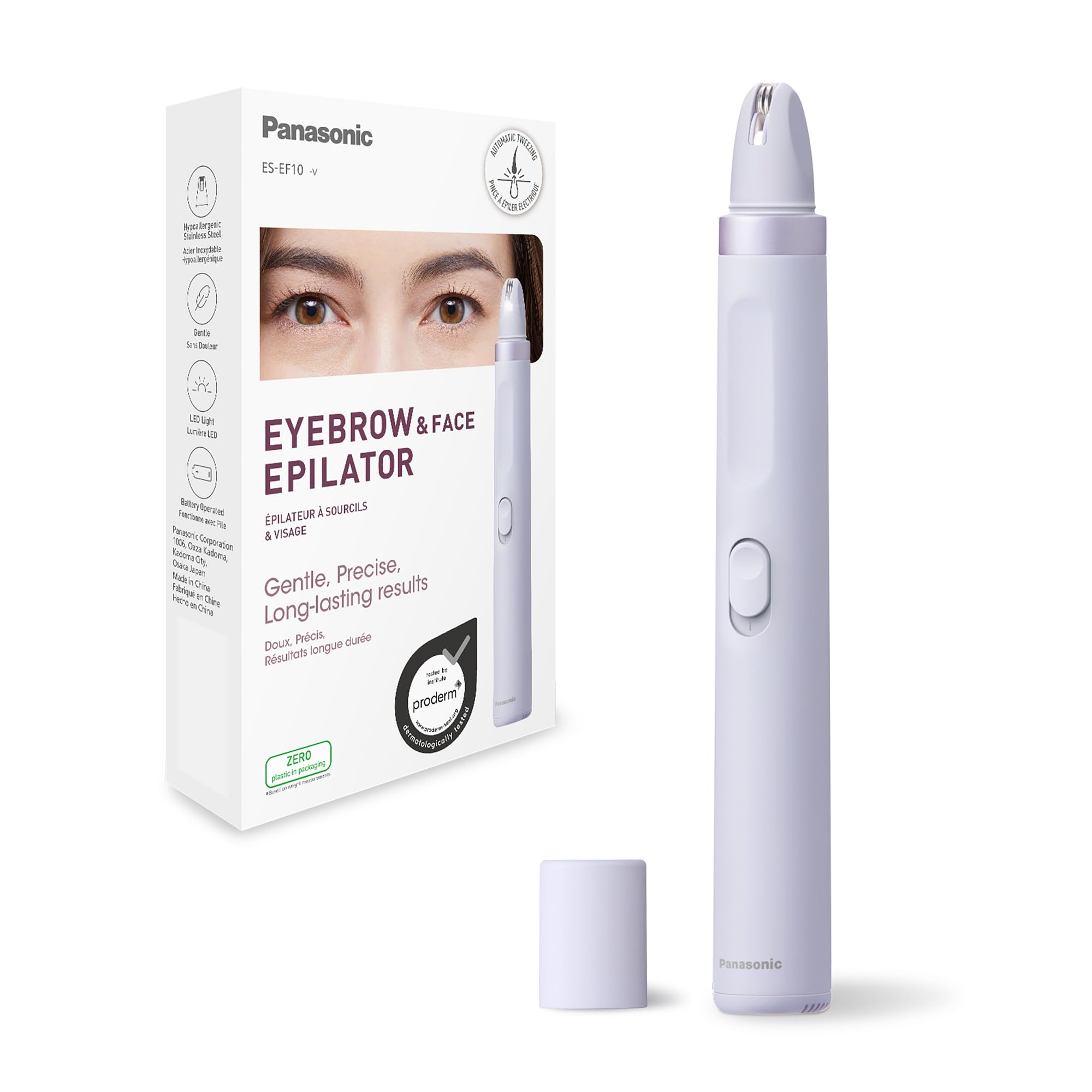 پاناسونیک ES-EF10-V503 اپیلاتور ابرو و موهای صورت برای خانم‌ها، شکل دهنده ابرو، چراغ LED، طراحی قلم جمع و جور، با باتری AA قابل اجرا، بنفش روشن