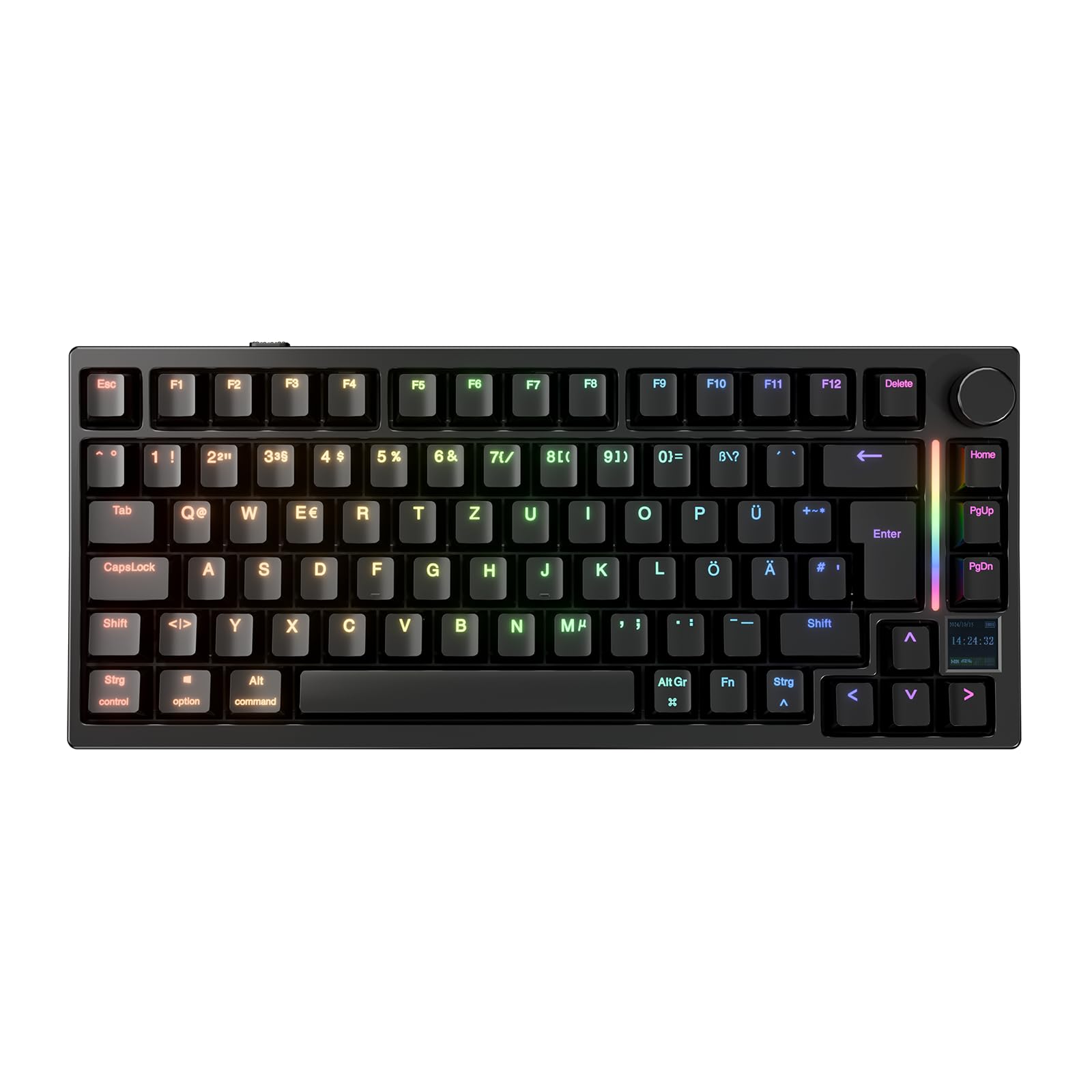 صفحه کلید بازی بی‌سیم GK GAMAKAY TK75HE V2 با Rapid Trigger و صفحه TFT 75٪، با طرح QWERTZ آلمانی، دارای اتصال BT/2.4GHz/USB-C، با فرکانس 8KHz و زمان پاسخ‌گویی 0.005 میلیمتر، با سوییچ های مگنتی Hall Effect (فنیکس مگنتی) رنگ مشکی، دارای طرح QWERTZ آلمانی.