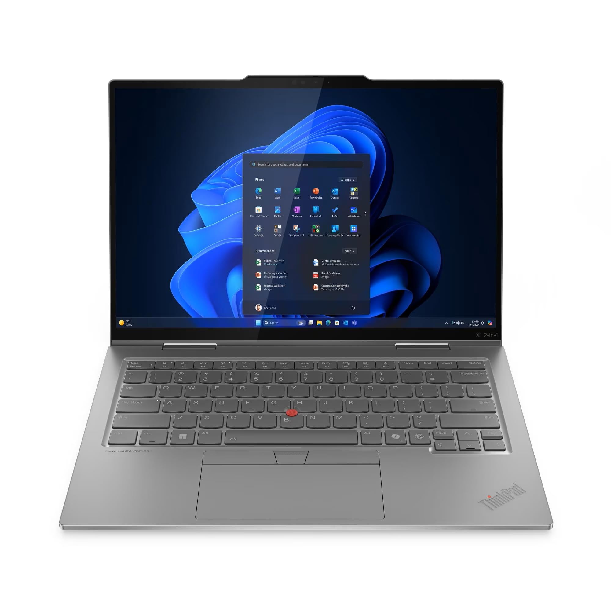 لپ‌تاپ Lenovo ThinkPad X1 2-in-1 Gen 10 Aura Edition با پردازنده اینتل کور اولترا 7 255U، صفحه نمایش لمسی WUXGA 500 نیت، 32 گیگابایت LPDDR5X-8400MT/s، 1 ترابایت حافظه داخلی SSD، دوربین RGB+IR با کیفیت تصویر فول اچ‌دی، قلم و ویندوز 11 Pro