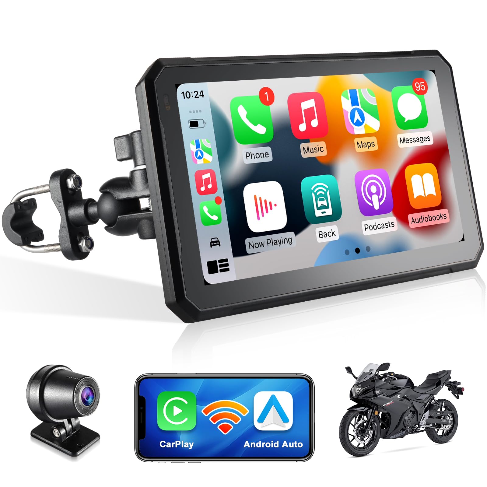 صفحه نمایش Carplay موتورسیکلت 7 اینچ بی‌سیم CarPlay و اندروید اتومبیل برای موتورسیکلت، ناوبری GPS، بلوتوث، Car Play با DVR ضدآب صفحه لمسی دستگاه ناوبری موتورسیکلت، شامل کارت TF 64 گیگابایت برای موتورسیکلت 7 اینچ