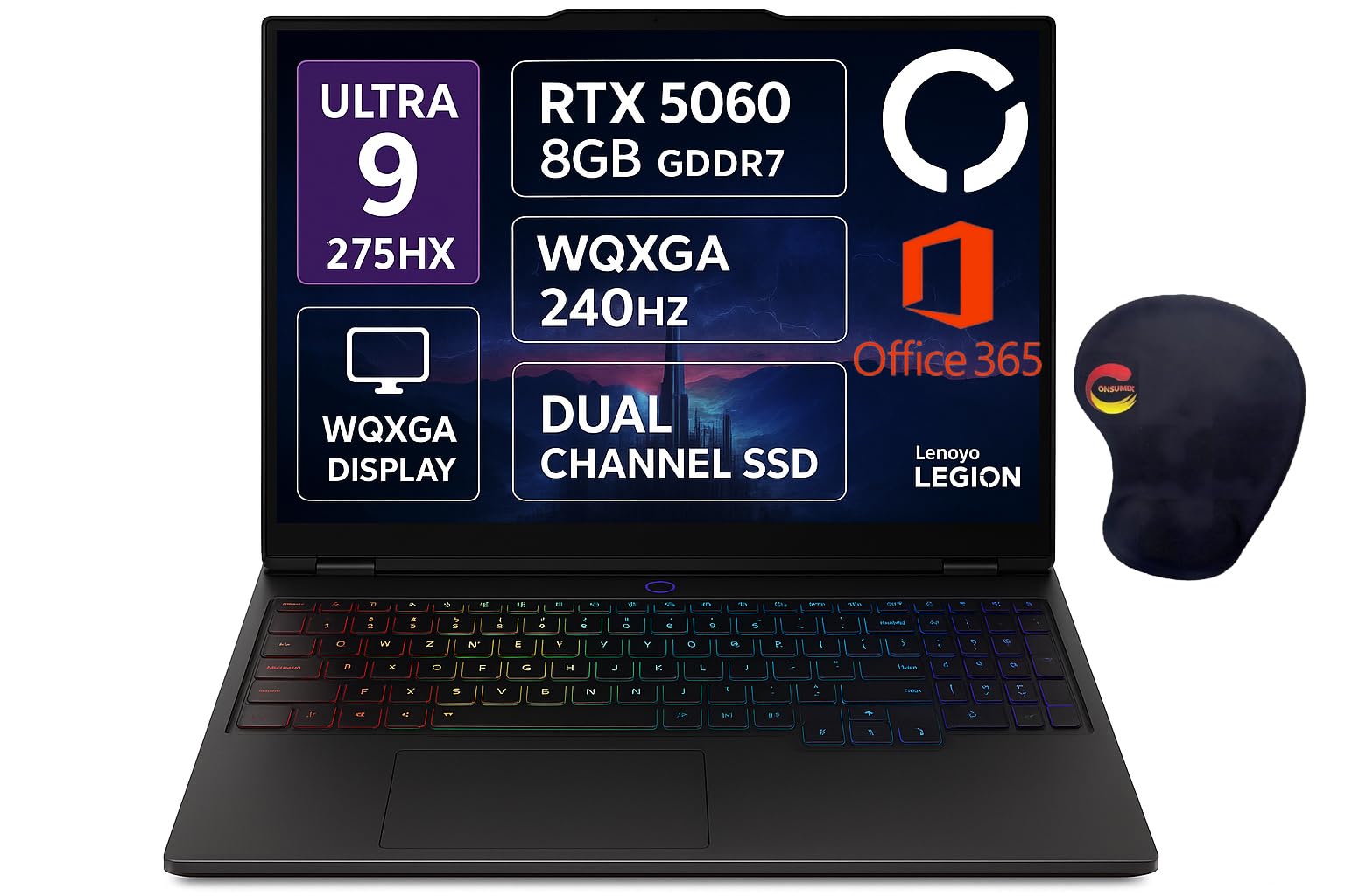 لنوو Legion 5 16IAX10 بازی، نمایشگر 16 اینچی WQXGA با فرکانس 240Hz، هسته Ultra 9 275HX، 32 گیگابایت RAM DDR5، 1 ترابایت SSD PCIe 4.0، NVIDIA GeForce RTX 5060 با 8 گیگابایت، صفحه کلید RGB با 24 منطقه، ویندوز 11، رنگ خاکستری تاریک با موس‌پد Consumix