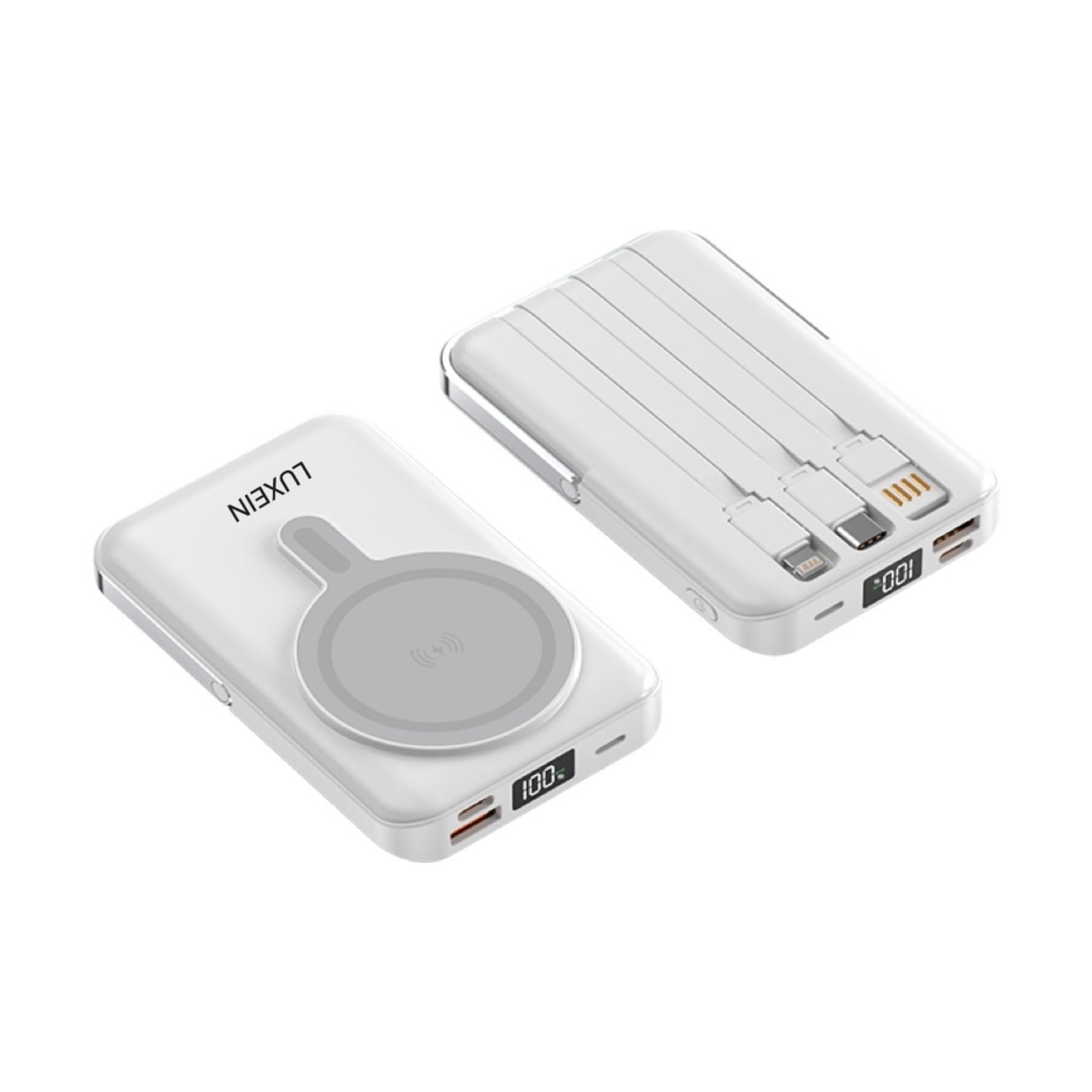 پاوربانک مغناطیسی LUXEIN با ۳ کابل داخلی، شارژ بی‌سیم 22.5W+15W، خروجی ۳ پورت 10,000mAh شارژر قابل حمل با آستانه و تراشه شارژینگ دوبرابر AI (سفید)