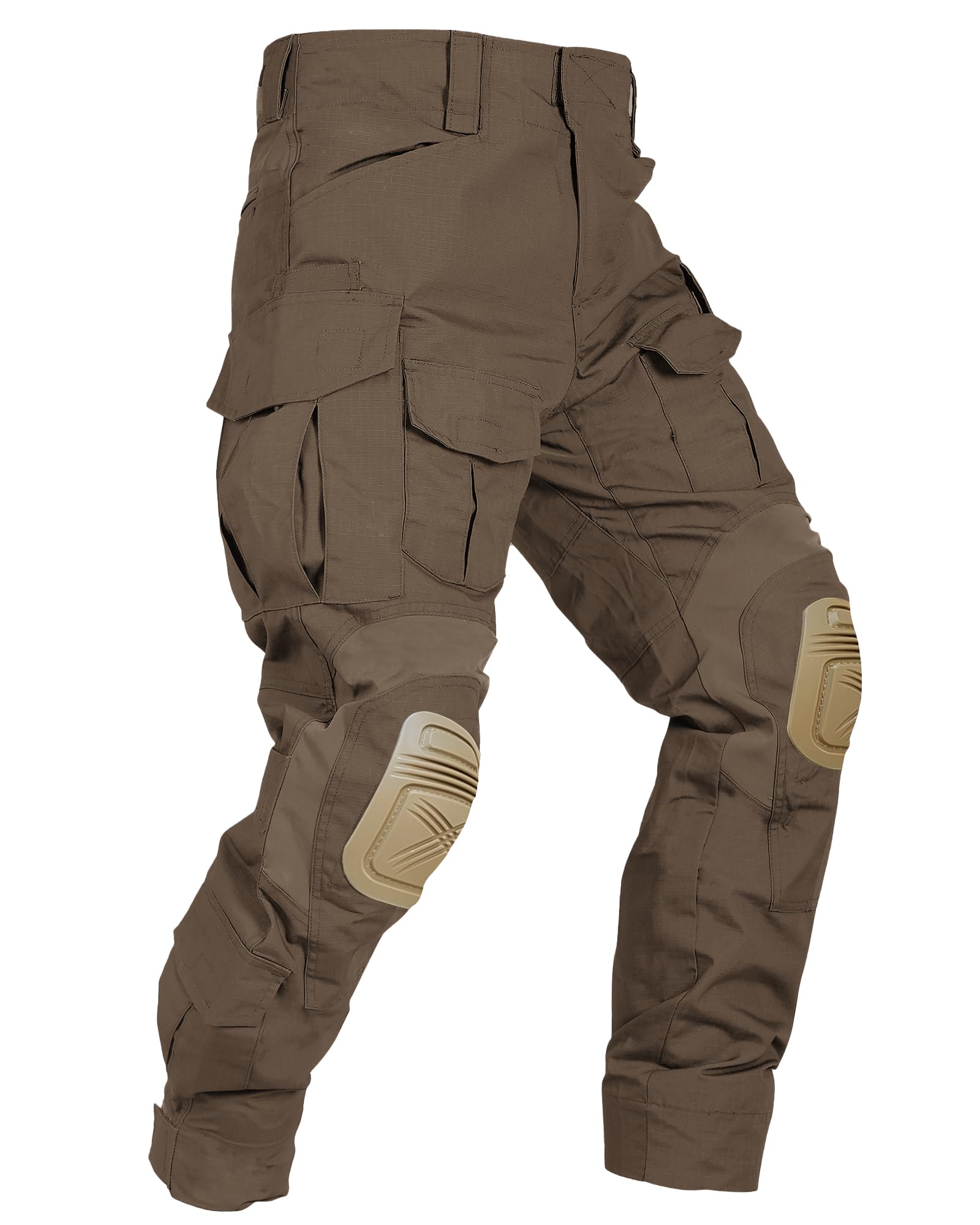 Men's Tactical Pants with Knee Pads, Waterproof Camo Cargo Pants, 10 Pockets, No Belt 34 Dark Brown