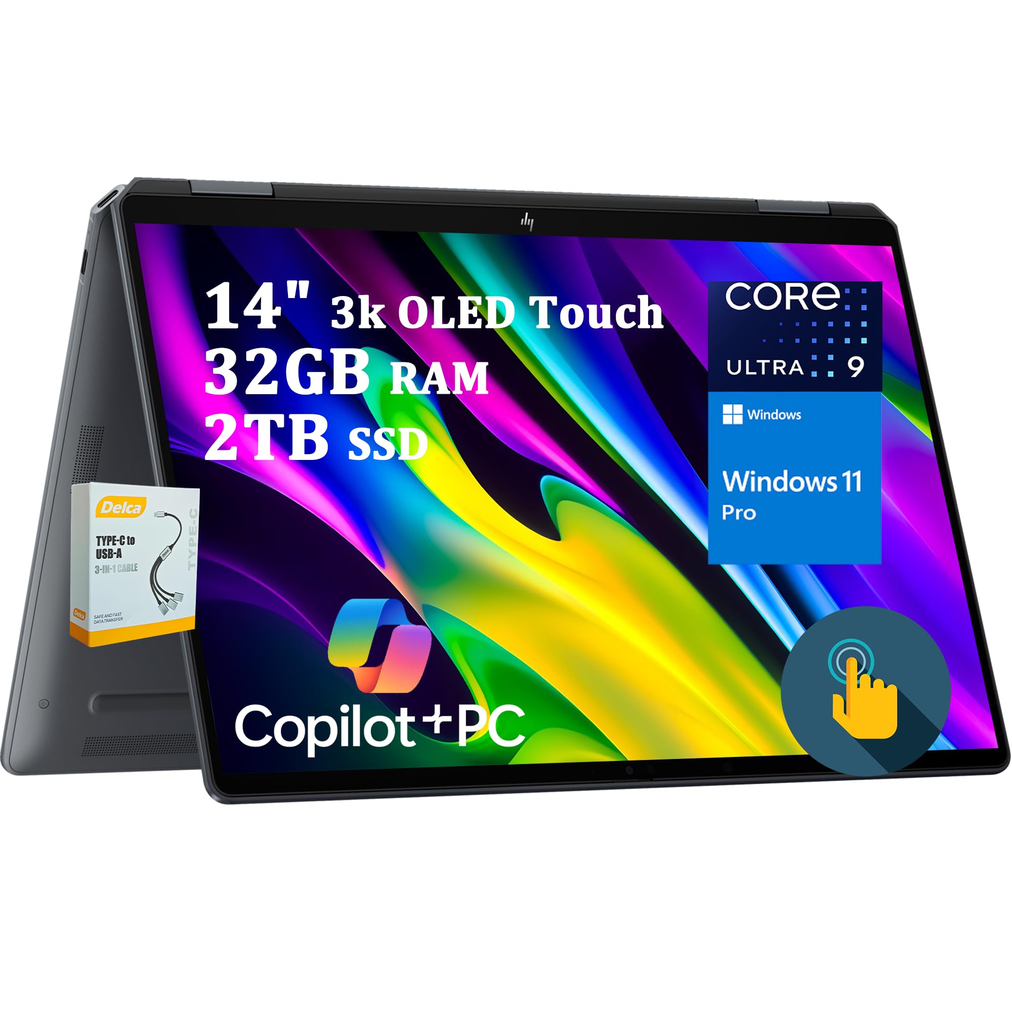 لپ تاپ HP OmniBook Ultra Flip 2-in-1 Copilot+ با هوش مصنوعی | 14 اینچ صفحه نمایش OLED لمسی 3k | اینتل 8 هسته‌ای Ultra 9 288V (تا 48 تاپ) | 32 گیگابایت رم 2 ترابایت حافظه‌ی جامد | صفحه کلید با نور پس‌زمینه و اثر انگشت | ویندوز 11 پرو با لوازم جانبی DLCA | 32 گیگابایت رم | 2 ترابایت حافظه‌ی جامد Core Ultra 9