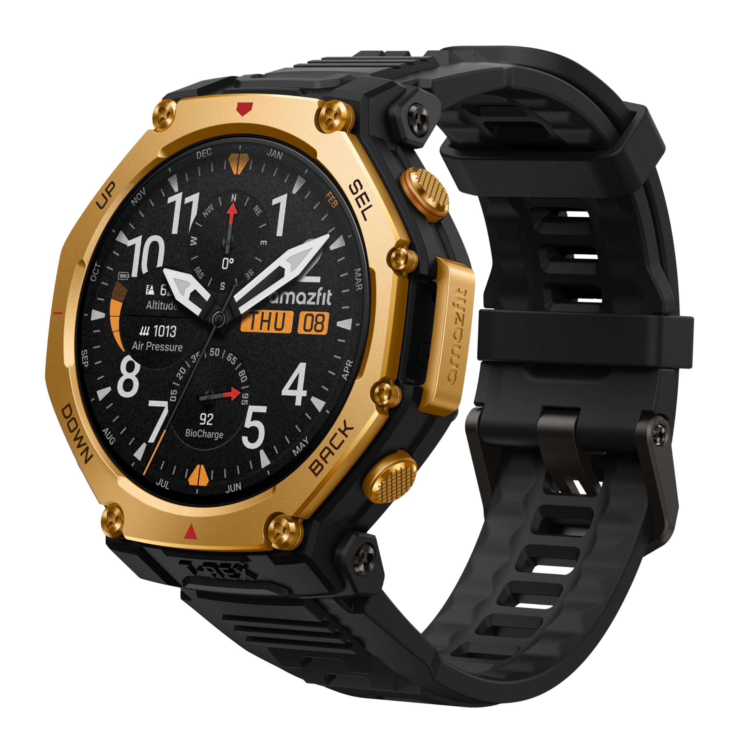ساعت هوشمند خارجی Amazfit T-Rex 3 Pro با صفحه نمایش سافیر آمولد ۴۸ میلیمتری همراه با چراغ قوه، بیزل تیتانیوم، GPS دو باند، نقشه های آفلاین، باتری ۲۵ روزه، ۱۰ ATM، بیش از ۱۸۰ حالت ورزشی برای اندروید و آیفون، مشکی طلایی