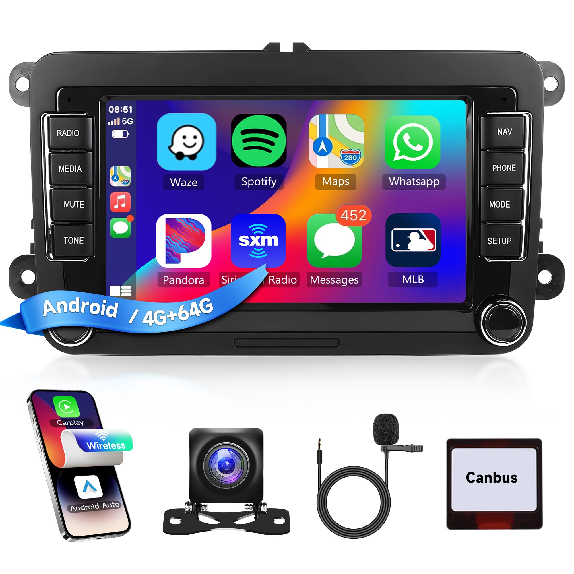 رادیو خودرو 7 اینچی 4G + 64G برای خودروی VW Golf 5 6 Passat Polo Tiguan Touran Caddy Skoda Seat با قابلیت Carplay بی‌سیم دارای پورت 52 پین ISO و قابل اتصال به موبایل (Mirror Link) با بلوتوث، رادیو FM، USB/AUX/EQ و کنترل فرمانگیری