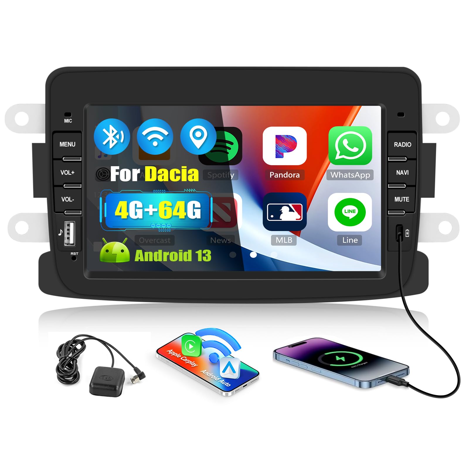رادیو خودروی SIXWIN 4+64G با سیستم عامل اندروید 13 با پشتیبانی از CarPlay/Android Car برای خودروهای رنو داسیا داستر، ساندرو، دوکر، لوگان، لوجی، کپچر، با صفحه نمایش لمسی 7 اینچی، پشتیبانی از WiFi، GPS، بلوتوث 5.0، FM/RDS، 32EQ، درگاه USB نوع C و Carplay 4+64G (سفید)