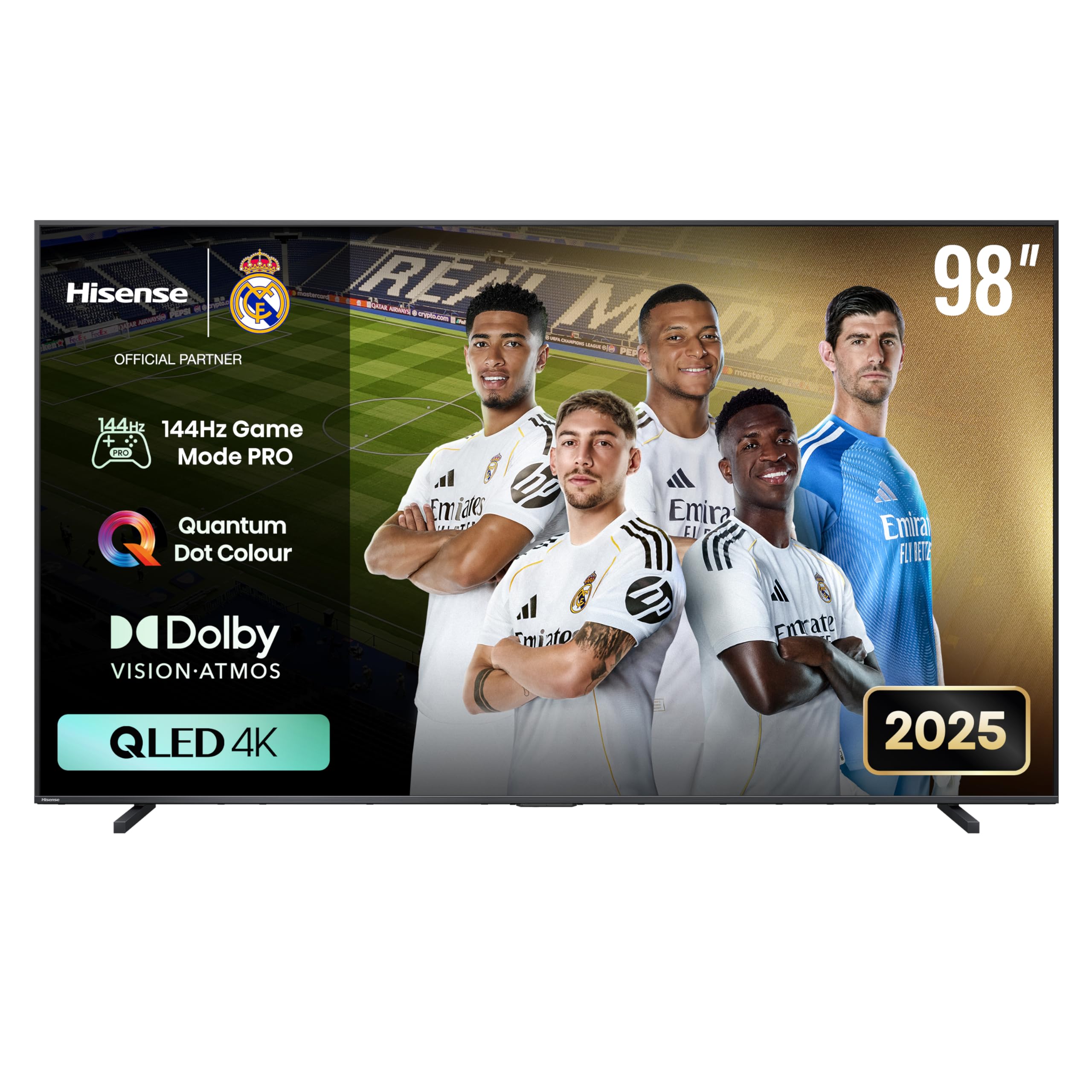 تلویزیون هوشمند 98 اینچی Hisense با فناوری QLED با نرخ تازه‌سازی 144Hz مدل E7Q - رنگ Quantum Dot، تصویر هوشمند، Dolby Vision، Dolby Atmos، به اشتراک گذاری با تلویزیون، کنترل صوتی، حالت فیلمساز، یوتیوب، نتفلیکس، دیزنی+ مدل 98E7Q (نسخه 2025 امارات متحده)