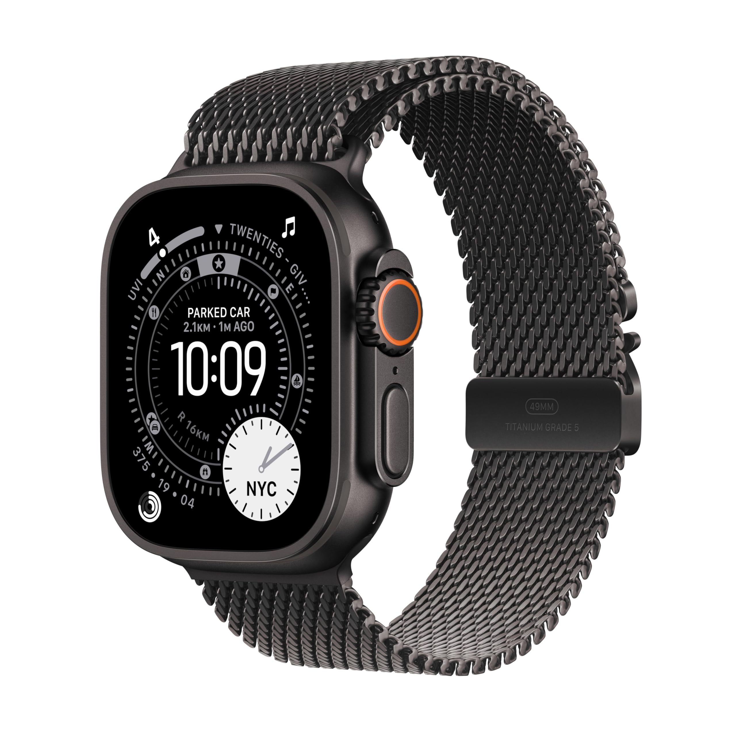 Apple Watch Ultra 3 GPS + Cellular 49 میلیمتر مورد تیتانیوم سیاه با حلقه Milanese تیتانیوم سیاه - متوسط ​​تیتانیوم سیاه / لوله Milanese سیاه - باند مناسب برای مچ 155-185 میلیمتری