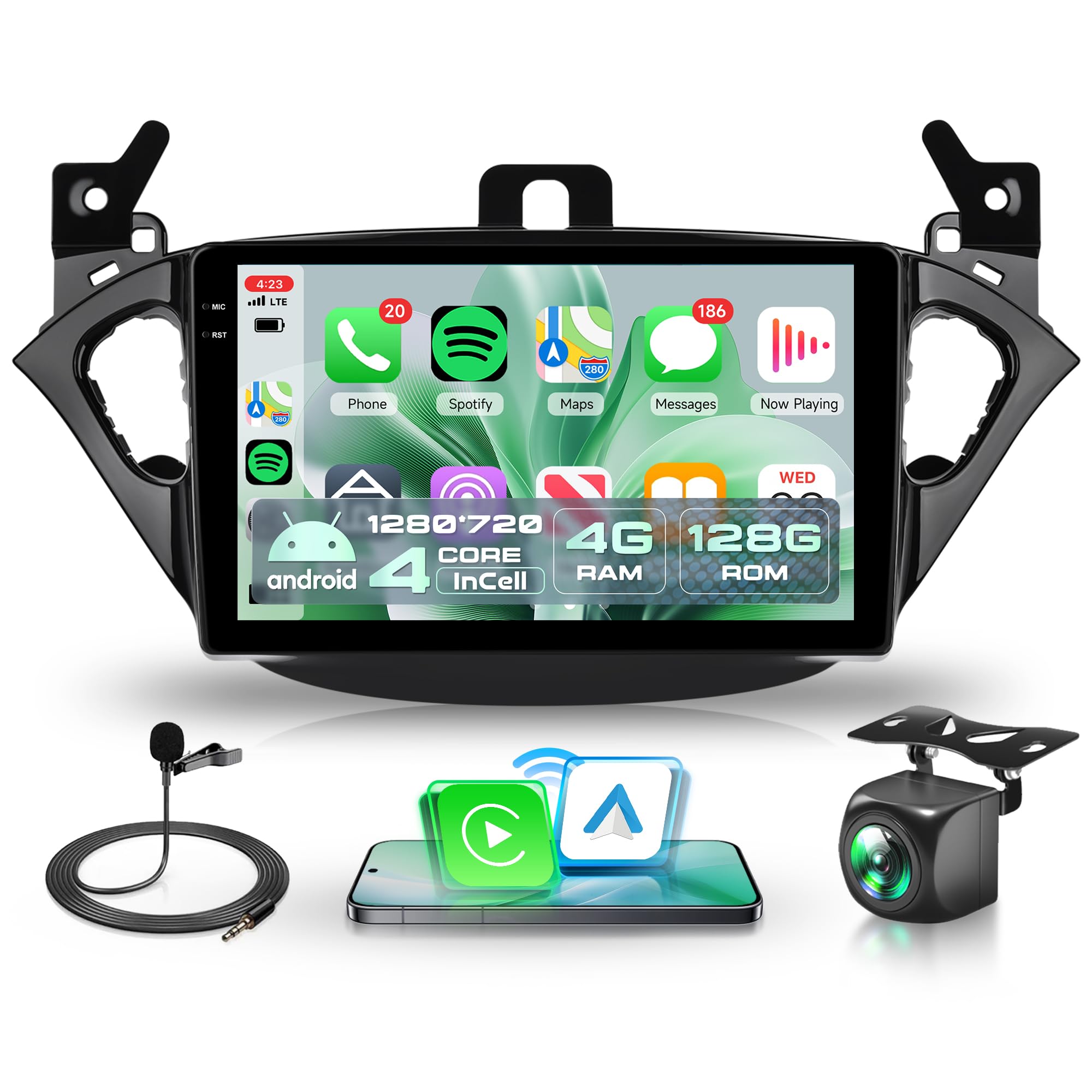 رادیو خودروی بی‌سیم 4G+128G با قابلیت Carplay اندروید برای اپل Corsa E 2015-2019/اپل آدم 2013-2016، با صفحه نمایش لمسی Incell 9 اینچی، با قابلیت مسیریابی GPS اندروید برای خودرو، دارای WiFi، بلوتوث، FM/RDS/EQ/USB/SWC و عملکرد ریورسینگ