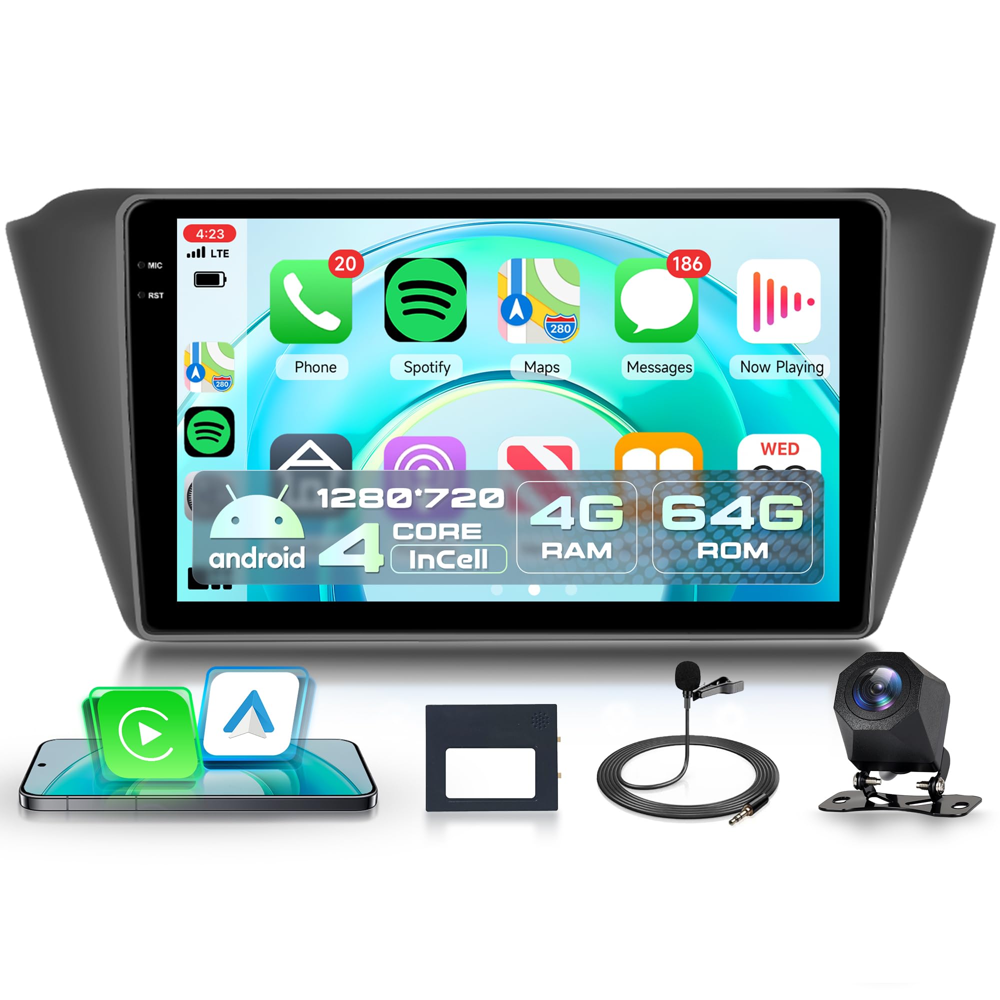 رادیو خودروی بی‌سیم 4G + 64G Android Carplay 15 اینچ برای اسکودا فابیا 3 III 2015-2019 با صفحه نمایش Incell لمسی، دارای ناوبری GPS اندروید، وای فای، اتصال آینه، بلوتوث، FM/RDS/EQ/USB/SWC و ورودی عقب