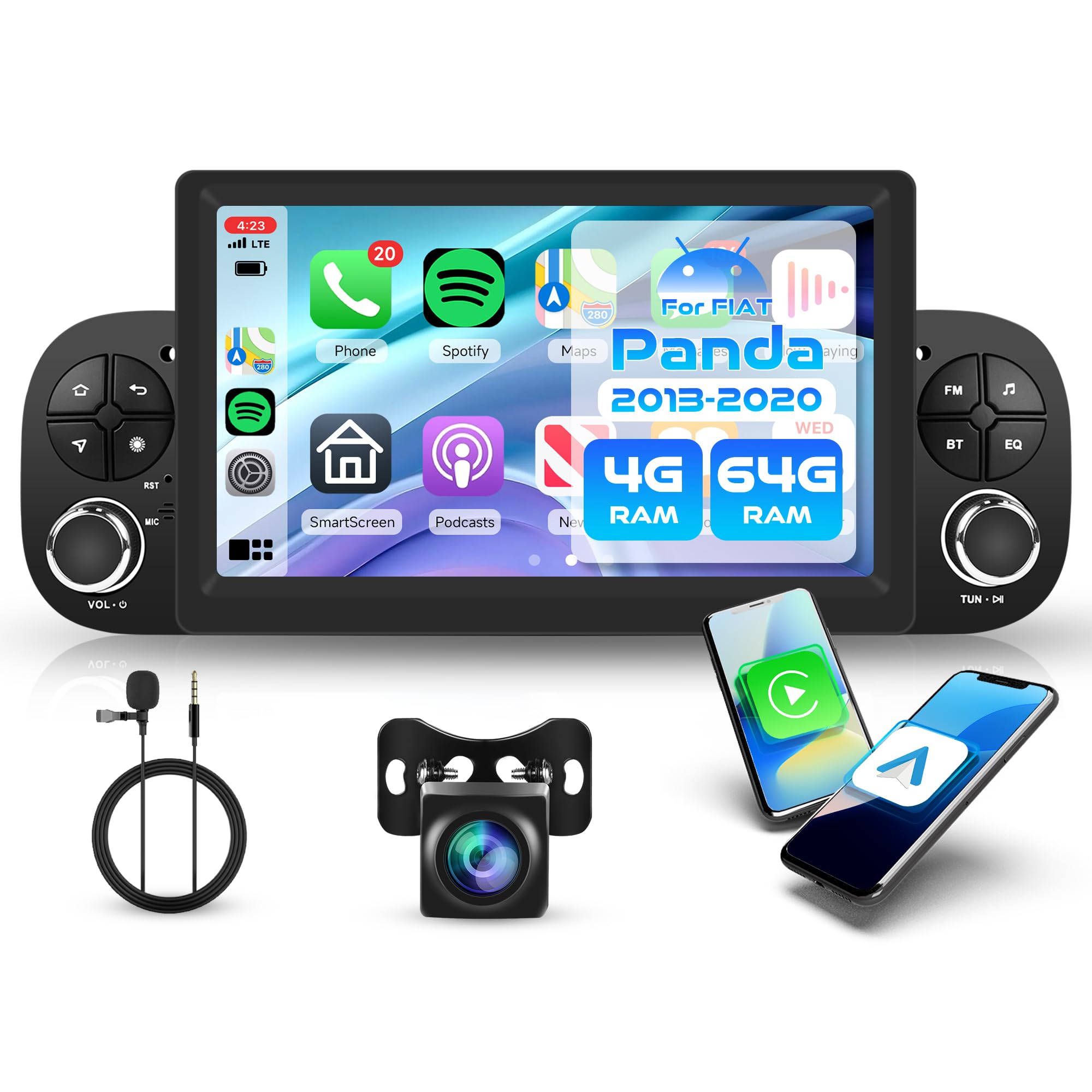 رادیو خودروی اندروید 7 اینچی 4G + 64G برای فيات پاندا 2013-2020 با قابلیت Carplay بی‌سیم، استریو Rimoody، GPS Navigation اندروید خودرو، Mirror Link، بلوتوث، WiFi، FM/RDS/EQ/AI DSP، SWC و دوربین عقب