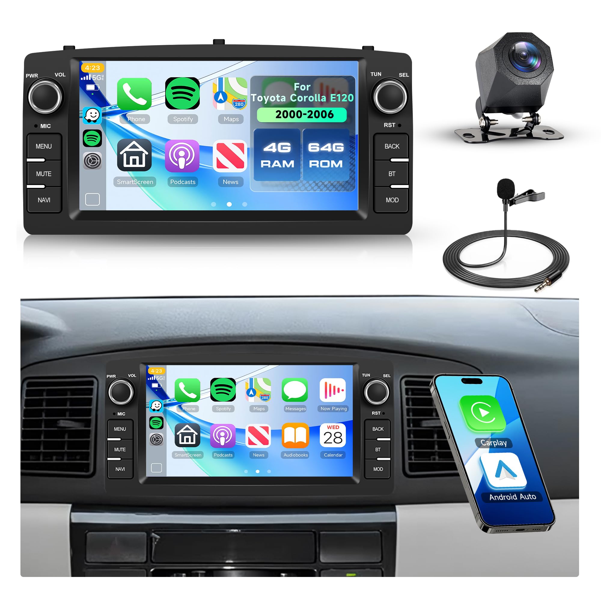رادیو خودروی Rimoody 4G + 64G اندروید 2DIN برای تویوتا کرولا E120 2000-2006 7 اینچ بی‌سیم Carplay استریو خودرو با اندروید GPS Navigation Mirror Link بلوتوث وای فای FM/RDS/EQ SWC دوربین سه‌بعدی به عقب