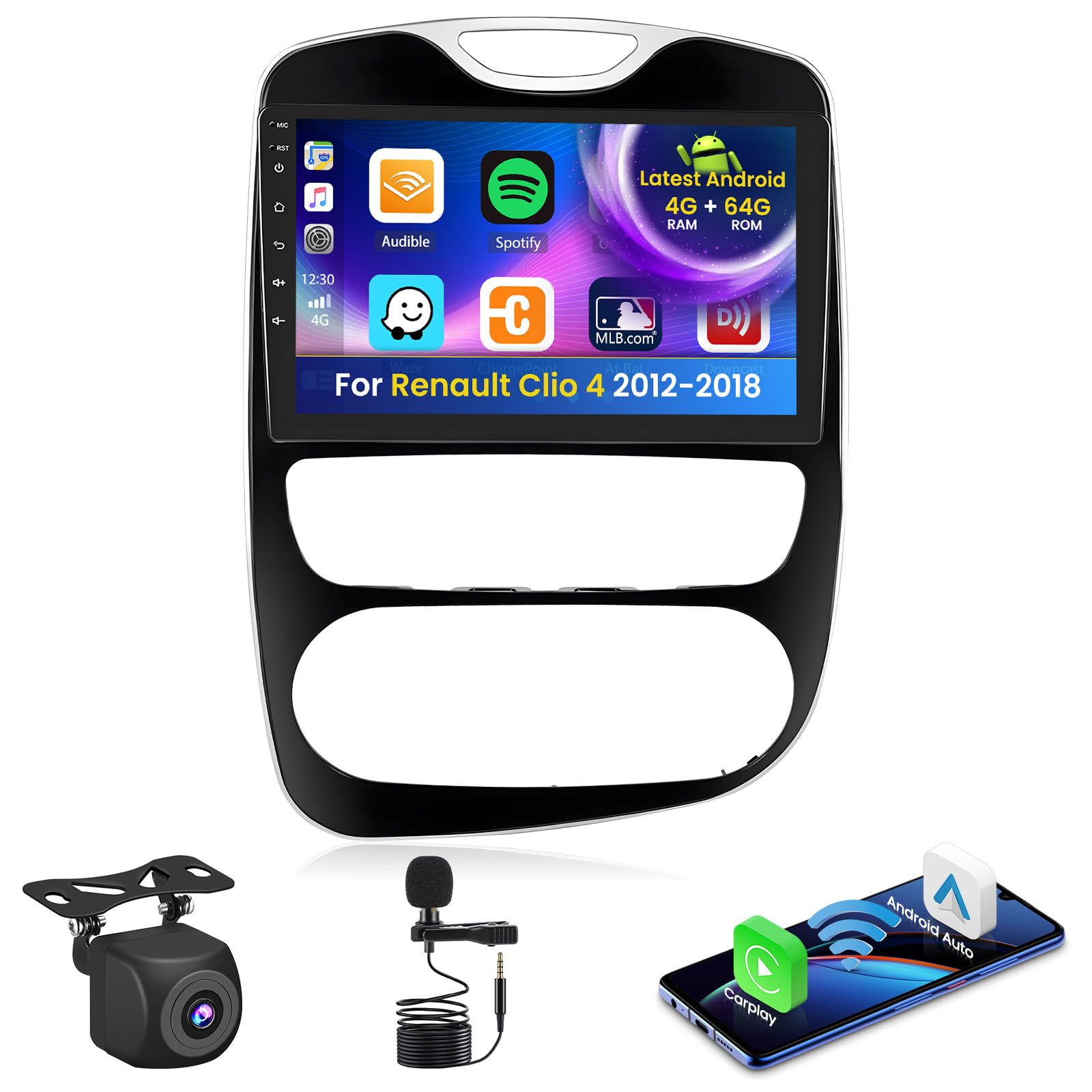 رادیو اتومبیل اندروید 15 برای رنو کلیو 4 2012-2018 با حافظه 64 گیگابایت با CarPlay بی‌سیم اندرویدی، صفحه 10 اینچی با پشتیبانی از FM RDS 32EQ GPS بلوتوث WiFi دوربین دنده عقب AHD و SWC