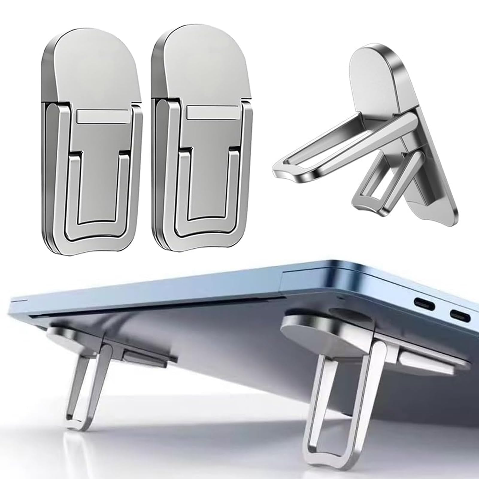 استند کوچک لپ تاپ، قابل حمل، تاشده و سبک با ارگونومیک، دارای سوراخ هوایی برای سرمایش، مناسب برای نوت بوک‌ها و کیبوردهای 10-17.3 اینچی، نقره ای