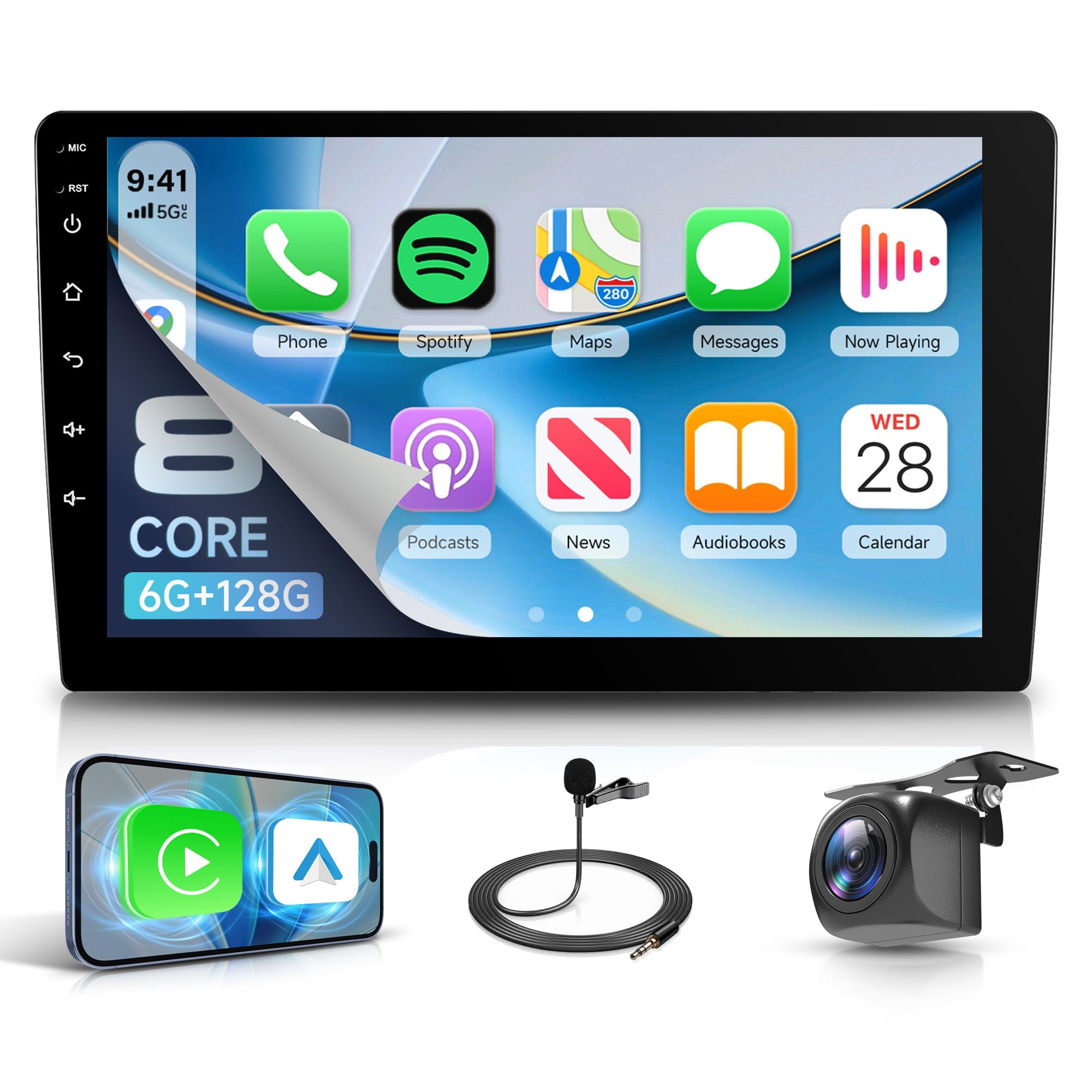 رادیو خودرو اندرویدی ریمودی 8 هسته ای 6G +128G، 2DIN، با CarPlay بی‌سیم، صفحه نمایش لمسی 9 اینچی، دارای منظره 360 درجه اندروید خودرو، ناوبری GPS، اتصال آیینه، بلوتوث، FM/RDS/EQ/AI DSP، کنترل‌های فرمان و دوربین عقب