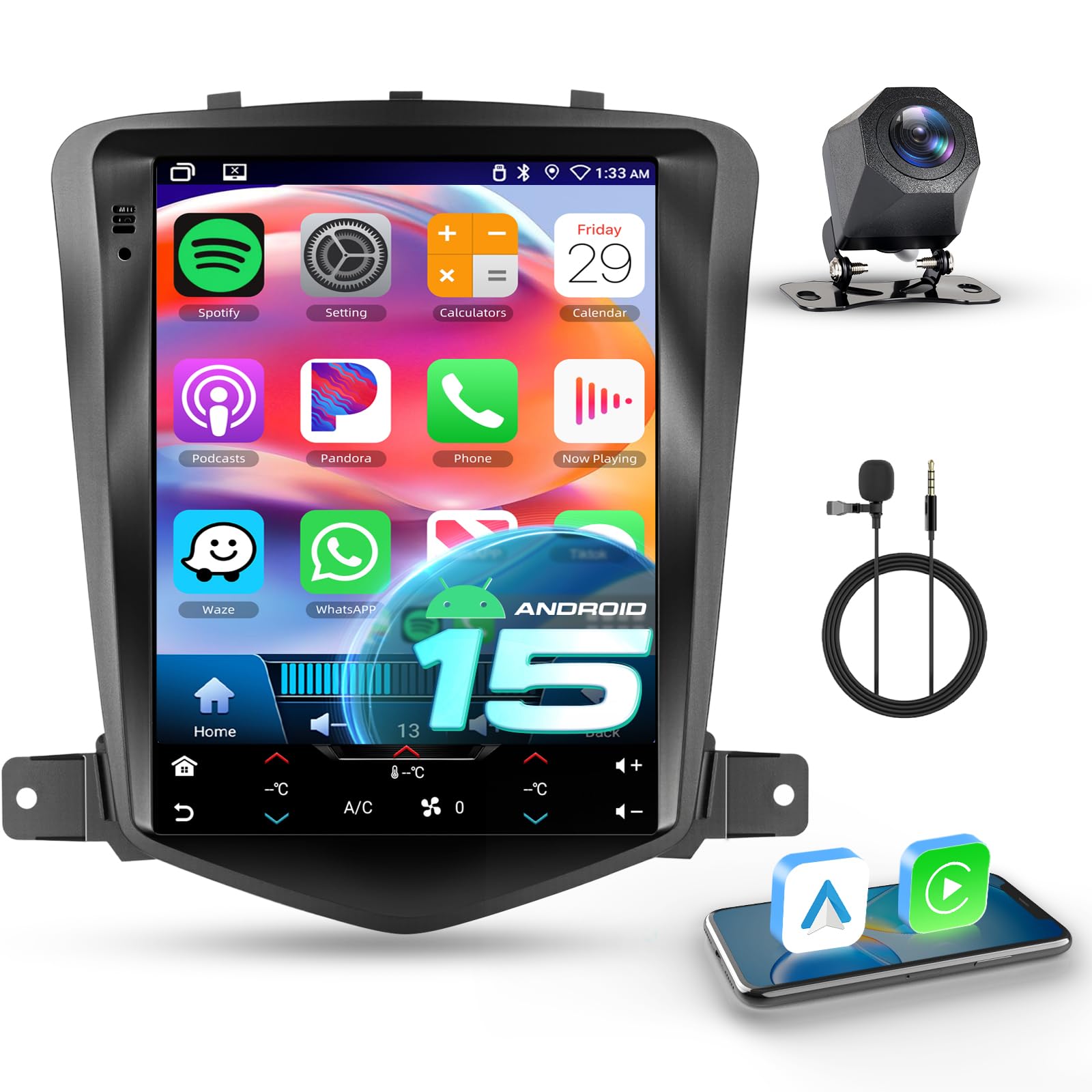 8 هسته 6 + 128G: رادیو اتومبیل Hodozzy Carplay برای شورولت کروز J300 2009-2014، رادیو اتومبیل 9.7 اینچی با صفحه نمایش با ناوبری اندروید اتومبیل/ لینک آینه/ وای فای/ RDS/ FM/ بلوتوث/ USB/ DSP + دوربین عقب