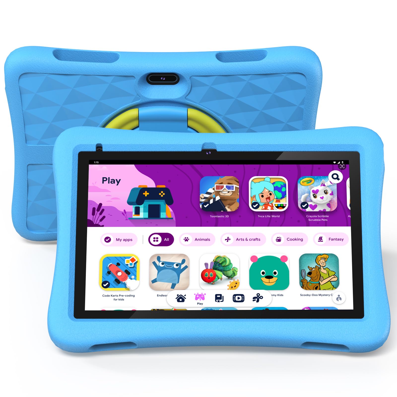 تبلت کودکان Plimpton اندروید 15، 10 اینچ با Google Kids Space، 9 گیگابایت (3+6 گیگابایت گسترش) رم/۶۴ گیگابایت حافظه، 5 هسته‌ای، باتری ۶۰۰۰mAh، کنترل والدین، وای‌فای، تبلت PlimPad (آبی)