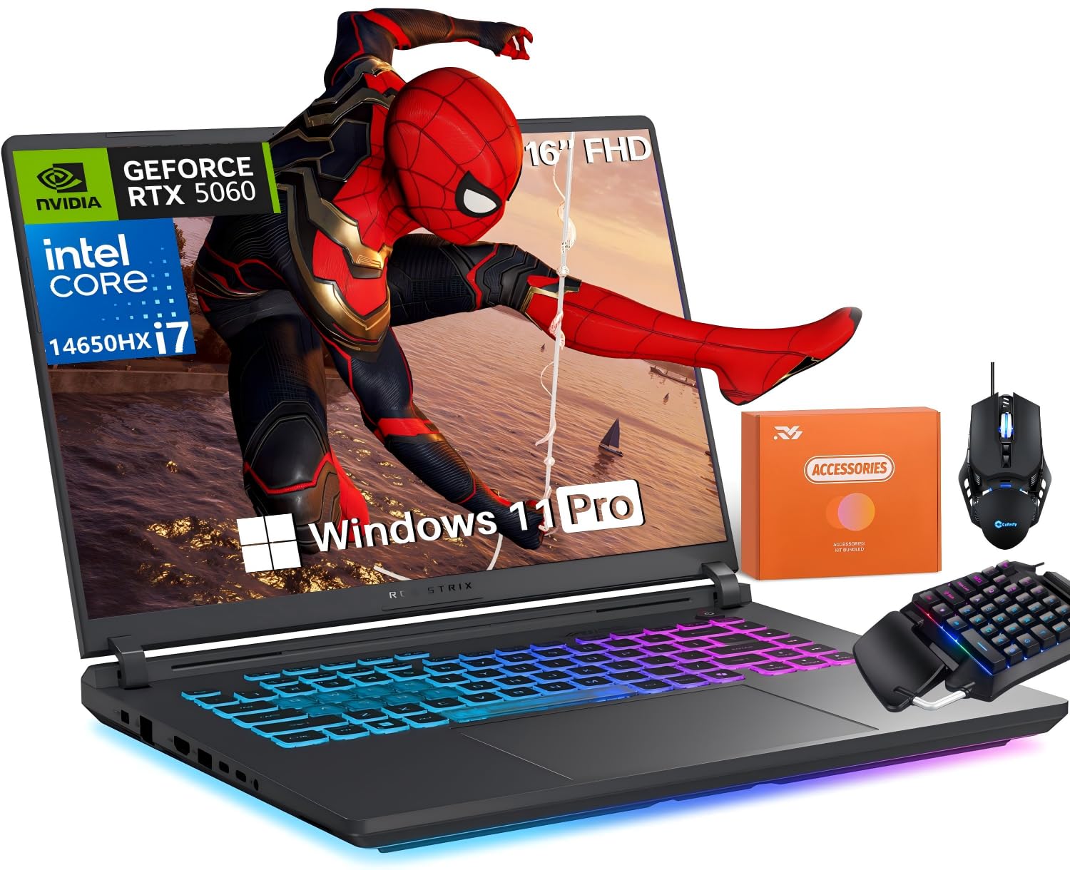 لپتاپ بازی ASUS ROG Strix G16 سال 2025، Intel نسل چهاردهم Core i7-14650HX (تا 5.2 گیگاهرتز)، NVIDIA RTX 5060، 32 گیگابایت DDR5، 1 ترابایت حافظه SSD، صفحه نمایش 16 اینچی FHD+ با نرخ تازه‌سازی 165Hz، Wi-Fi 7، نورپردازی RGB کامل، ویندوز 11 Pro، با لوازم جانبی 32 گیگابایت DDR5 و 1 ترابایت SSD.