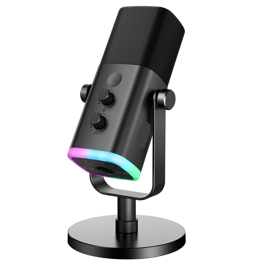 میکروفون داینامیک XLR/USB خوب برای پادکست، گیمینگ و استریمینگ، با RGB، قابلیت سکوت لمسی، جک هدفون، کنترل گین، استند دسکتاپ، میکروفون وکال برای کامپیوتر، PS5/4، میکسر - AmpliGame AM8 (مشکی)