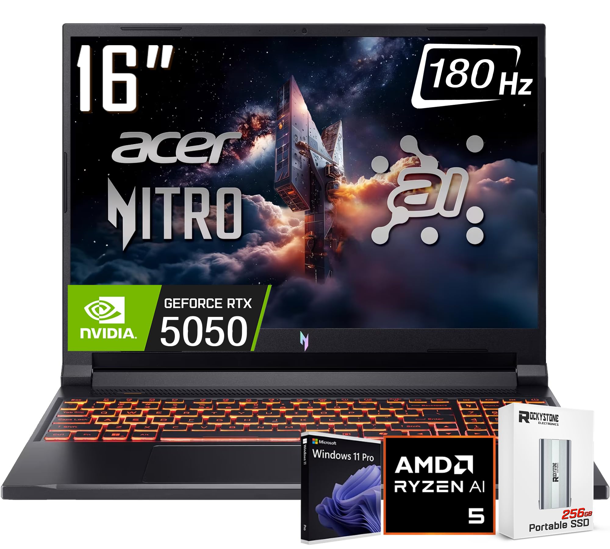 ایسر نیترو V 16 لپ تاپ بازی AI، نمایشگر IPS180Hz WUXGA 16 اینچ، AMD Ryzen 5 240، گرافیک NVIDIA GeForce RTX 5050 8GB GDDR7، 32GB DDR5، 2TB Gen4 SSD، WiFi 6E، صفحه کلید RGB Backlit، ویندوز 11 پرو، همراه با 256GB PSD 32GB | 2TB SSD ویندوز 11 پرو | Ryzen 5 240