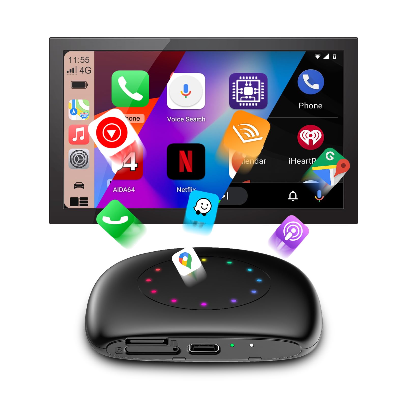 جعبه ویدیویی خودرو LEXXSON اندروید ۱۳.۰ برای آداپتور بی‌سیم CarPlay / Android Auto، جعبه AI Carplay با GPS، بلوتوث، WiFi، 4G LTE، سیستم ۳ در ۱، اکتا کور ۸G+۱۲۸G